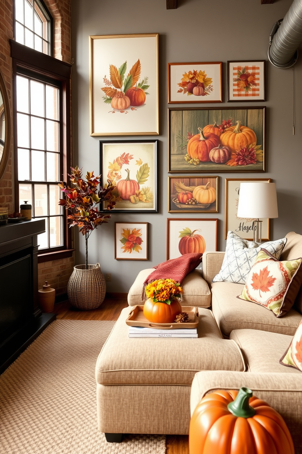 Harvest themed wall art and prints adorn the walls of a cozy loft space. The artwork features vibrant autumn colors and rustic motifs, creating a warm and inviting atmosphere for Thanksgiving celebrations.