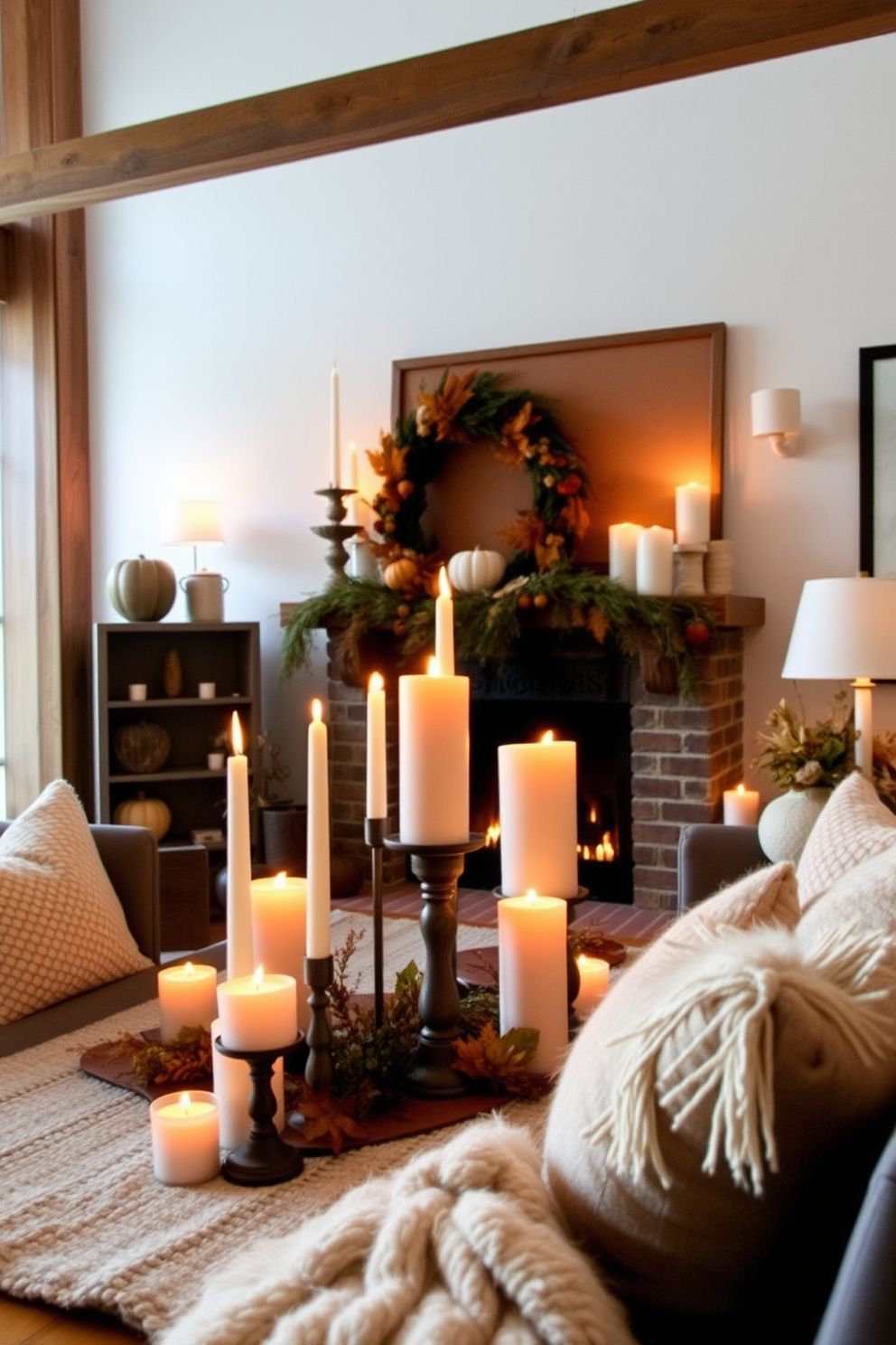 Create a cozy Thanksgiving loft setting featuring candles of varying heights scattered throughout the space. The warm glow from the candles enhances the rustic charm of the loft, complemented by autumn-themed decorations and plush textiles.