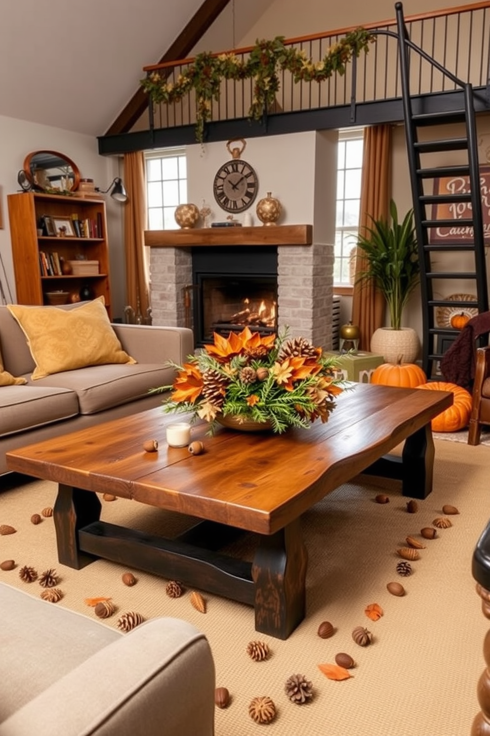 A cozy loft adorned for Thanksgiving features natural elements like pinecones and acorns scattered throughout the space. A rustic wooden coffee table is topped with a centerpiece of seasonal foliage, while warm, earthy tones dominate the decor to evoke a sense of comfort and gratitude.