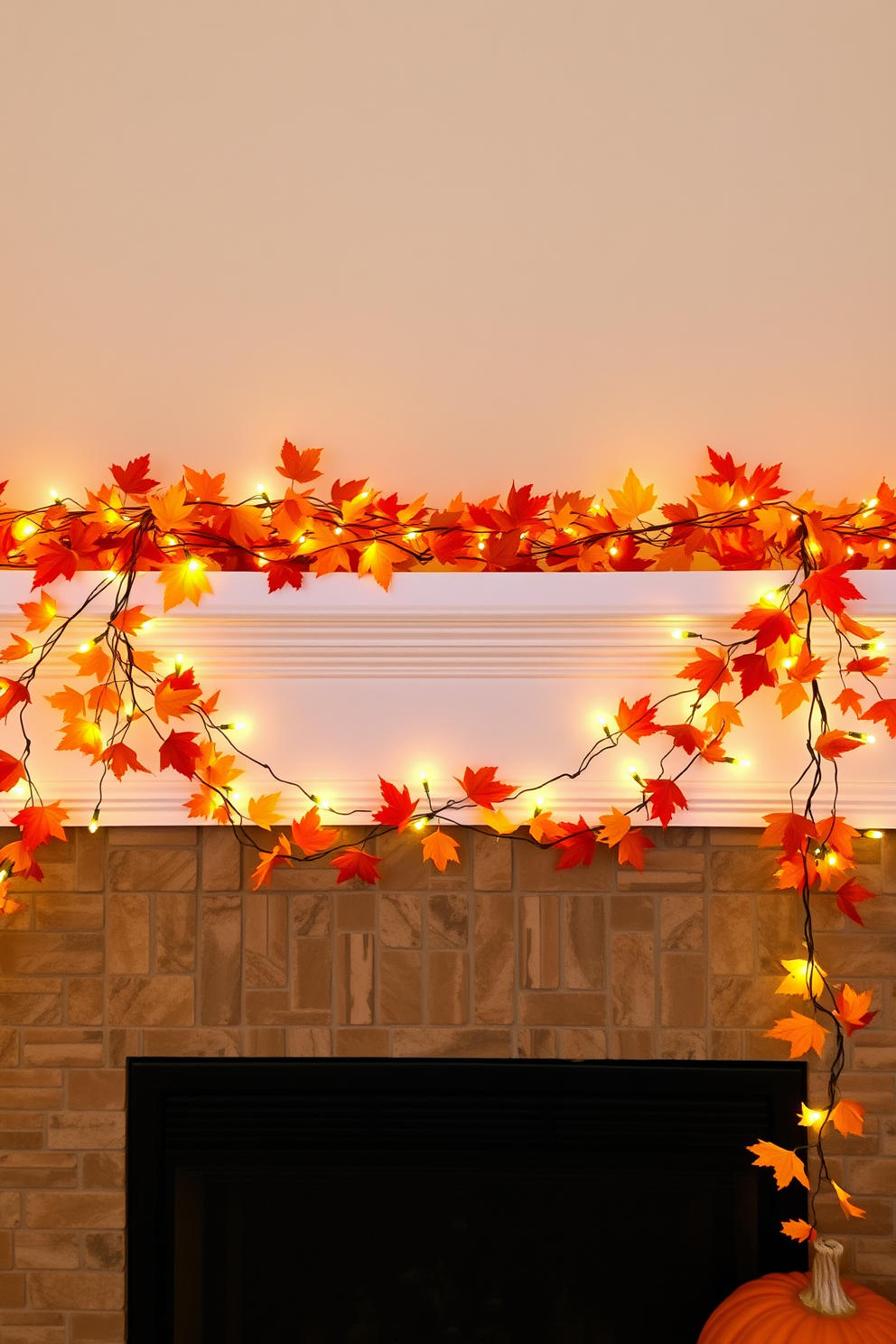 A warm and inviting mantel adorned with an autumn leaf garland intertwined with soft glowing fairy lights. The garland features vibrant shades of orange, yellow, and red leaves, creating a cozy atmosphere perfect for Thanksgiving celebrations.