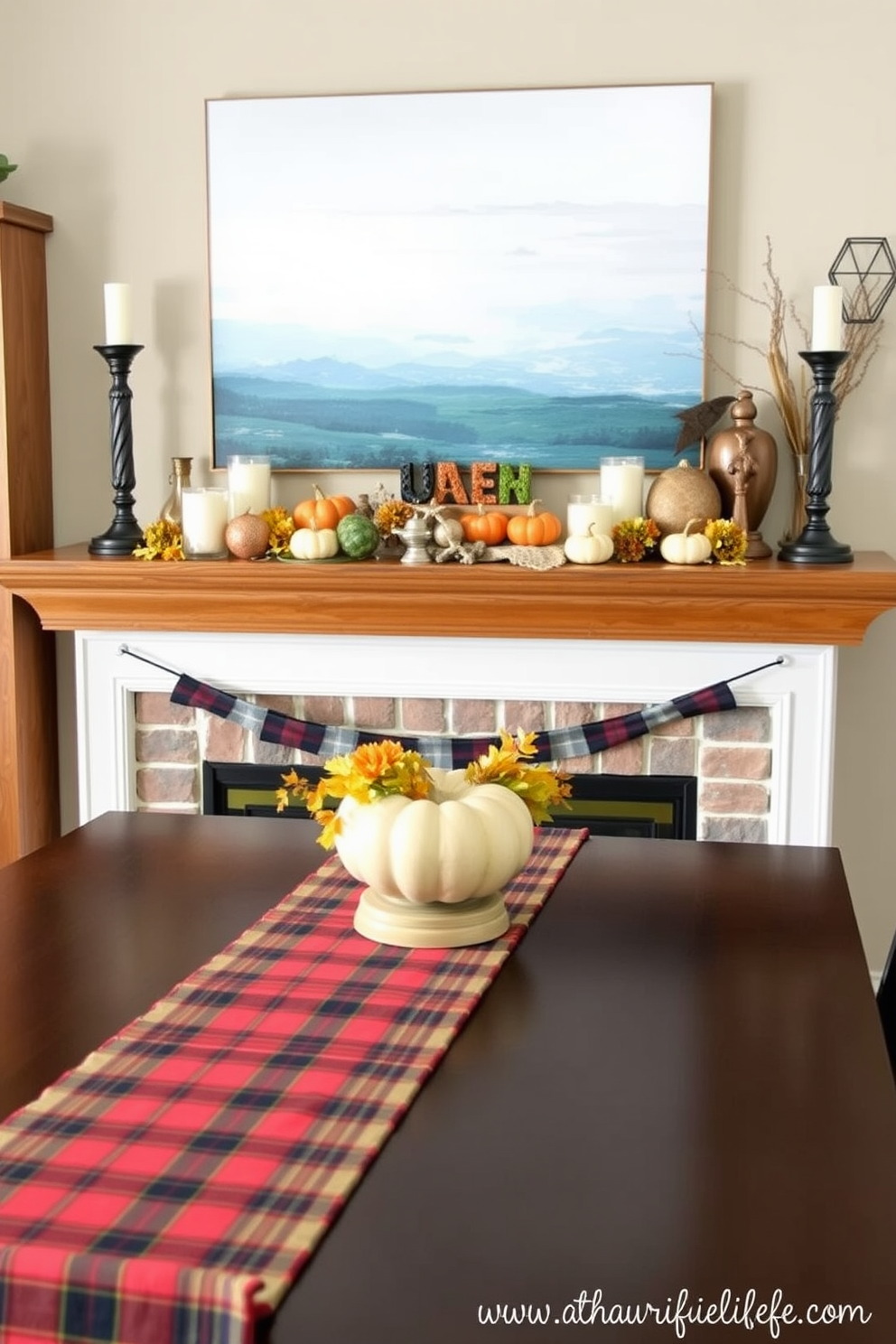 A warm and inviting Thanksgiving mantel adorned with gold and bronze metallic accents. The mantel features a garland of autumn leaves intertwined with twinkling fairy lights, creating a cozy ambiance. On the mantel, a collection of decorative pumpkins in various sizes is arranged alongside elegant candlesticks with gold and bronze finishes. A large, framed mirror hangs above the mantel, reflecting the rich colors and textures of the decorations below.