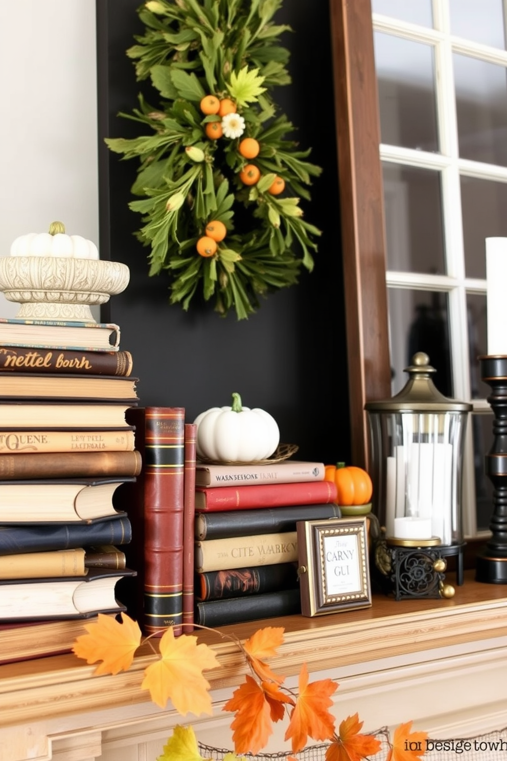 A cozy Thanksgiving mantel decorated with vintage books stacked neatly alongside charming decor items. The warm autumn colors of the decor complement the rich textures of the books, creating an inviting focal point for the season.