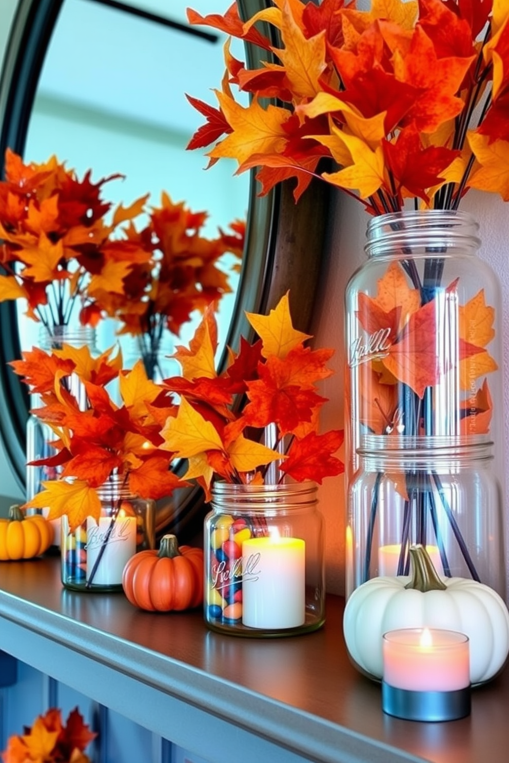 A charming Thanksgiving mantel adorned with a DIY feather and wood hanging wreath. The wreath features a mix of natural wood elements and soft feathers in warm autumn tones, creating a cozy focal point above the fireplace.