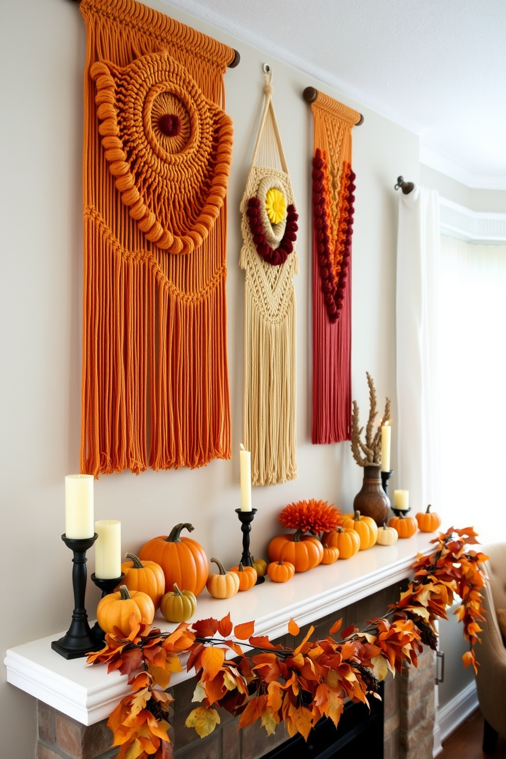 A warm and inviting mantel decorated for Thanksgiving features macrame hangings in rich fall colors like deep orange, burgundy, and mustard yellow. The mantel is adorned with small pumpkins, candles, and a garland of autumn leaves to create a cozy atmosphere.