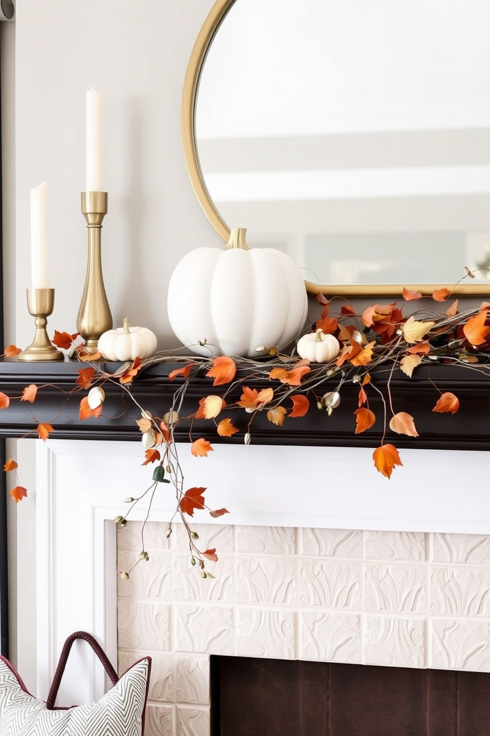 A stylish Thanksgiving mantel adorned with metallic accents that enhance the modern aesthetic. The mantel features a sleek metallic garland intertwined with autumn leaves and small pumpkins, creating a warm yet contemporary vibe.