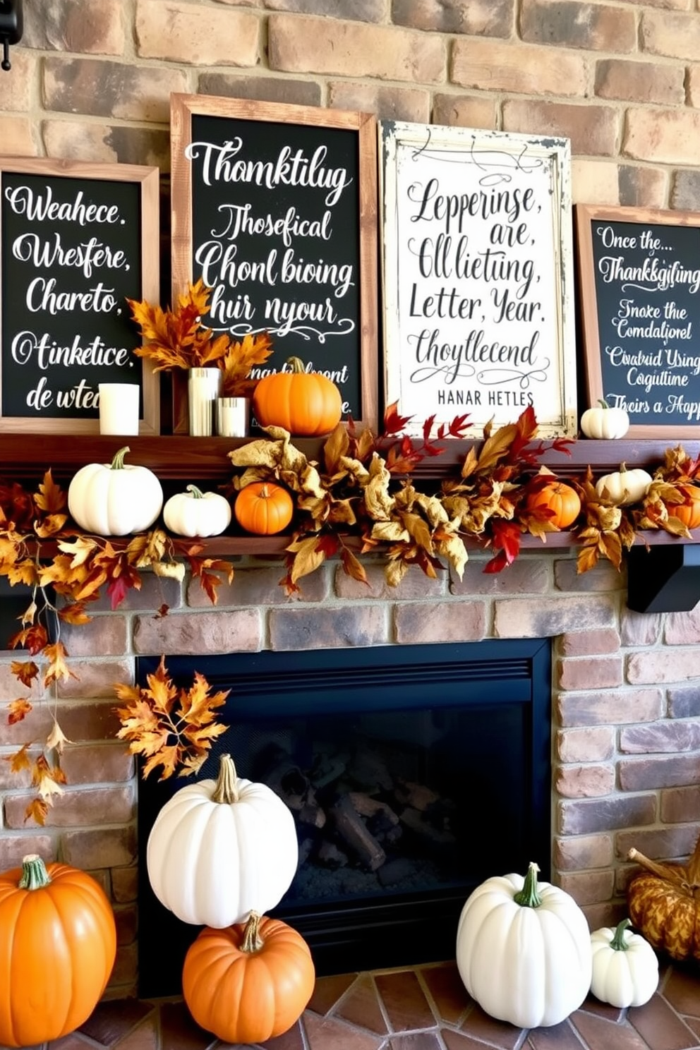 A cozy Thanksgiving mantel adorned with seasonal quotes written on rustic chalkboard signs. The mantel features warm autumnal decorations including pumpkins, gourds, and a garland of dried leaves.