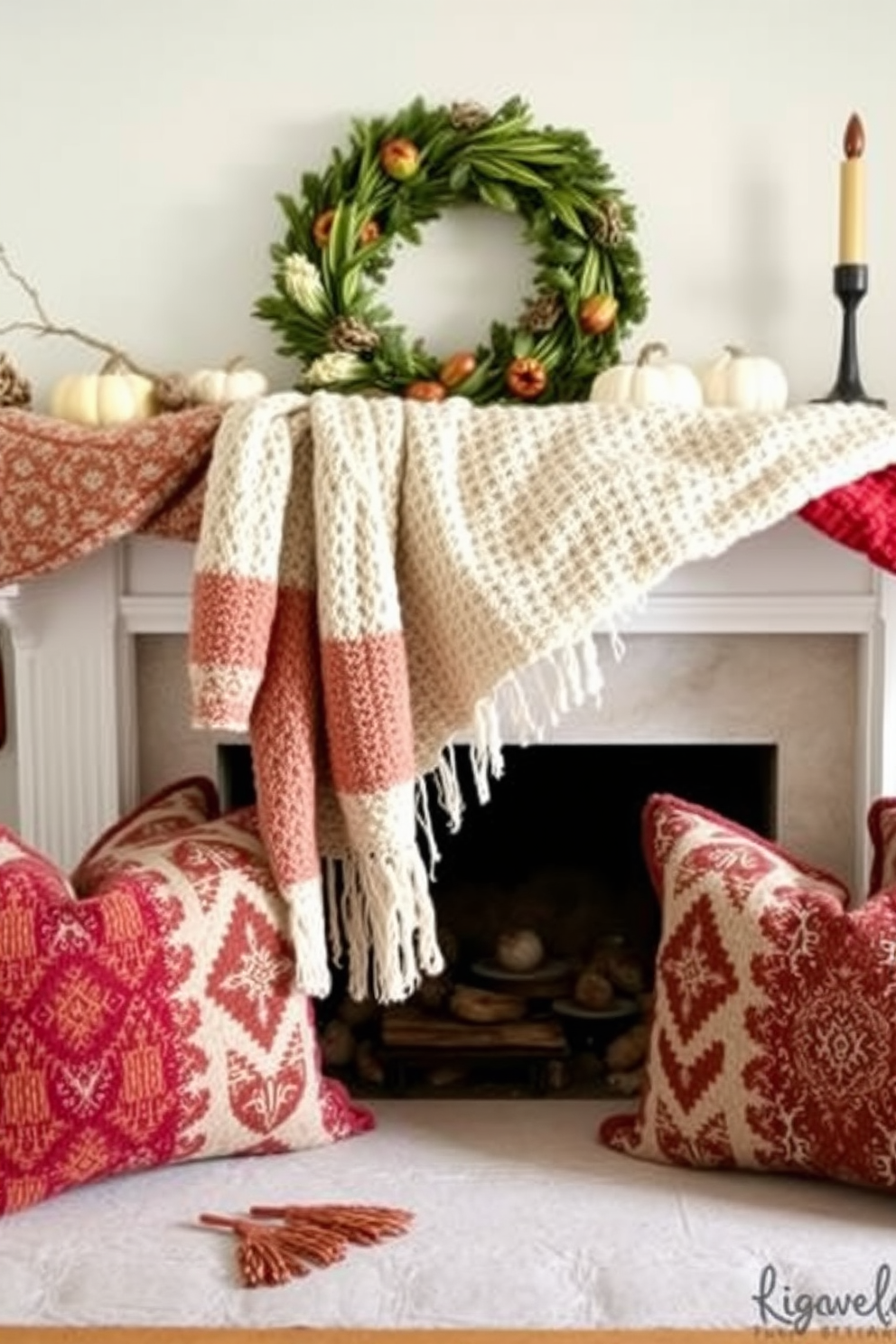 A cozy Thanksgiving mantel adorned with layered fabrics creating texture and warmth. Soft knitted throws in rich autumn colors drape elegantly over the mantel, complemented by plush cushions with intricate patterns.