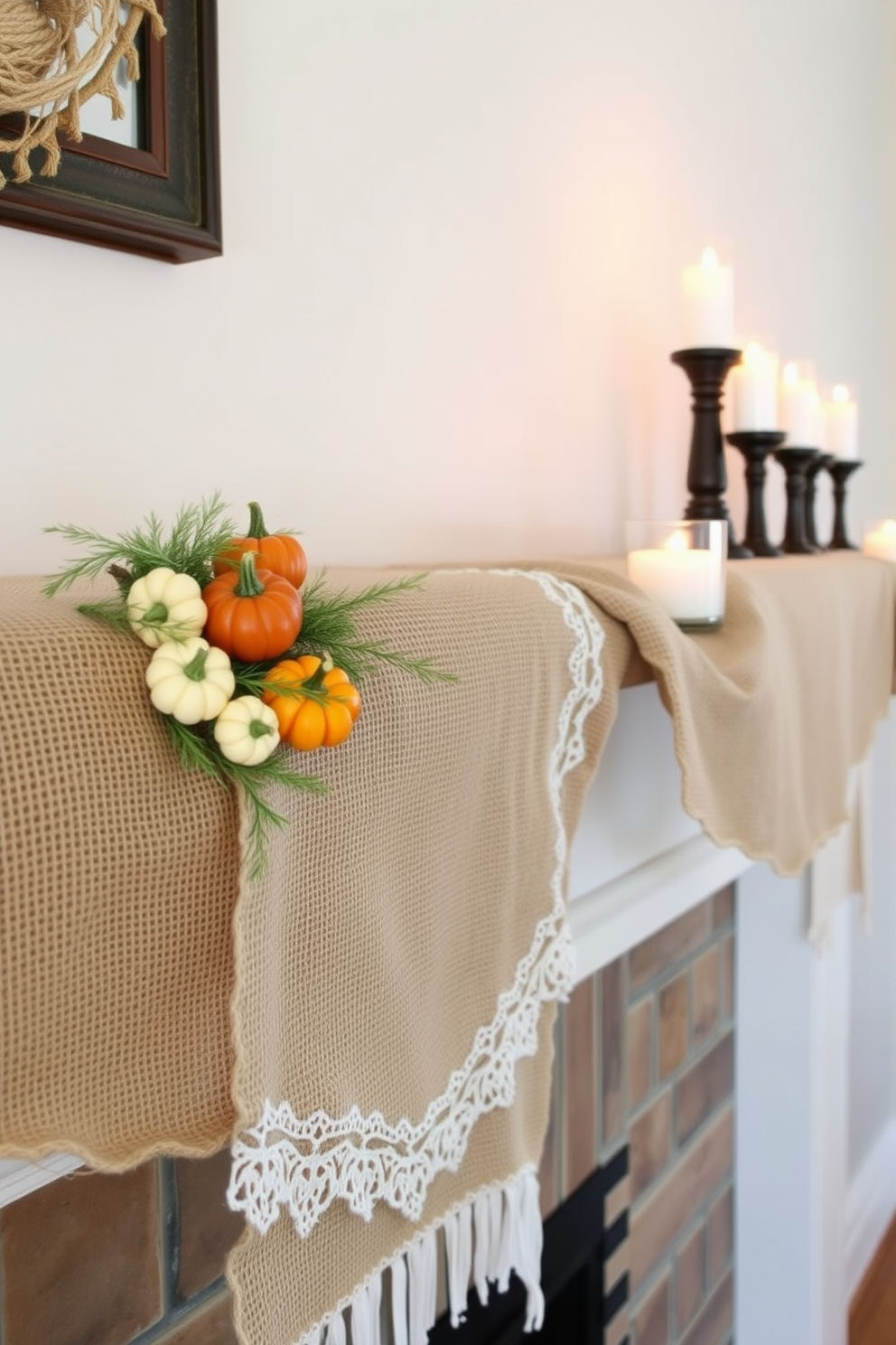 A rustic Thanksgiving mantel adorned with burlap and lace creates a warm and inviting atmosphere. The burlap runner drapes elegantly across the mantel, complemented by delicate lace accents that add a touch of elegance. On one side, a collection of small pumpkins in varying shades of orange and white sits nestled among sprigs of greenery. To the other side, a series of candles in glass holders flicker softly, enhancing the cozy ambiance of the space.