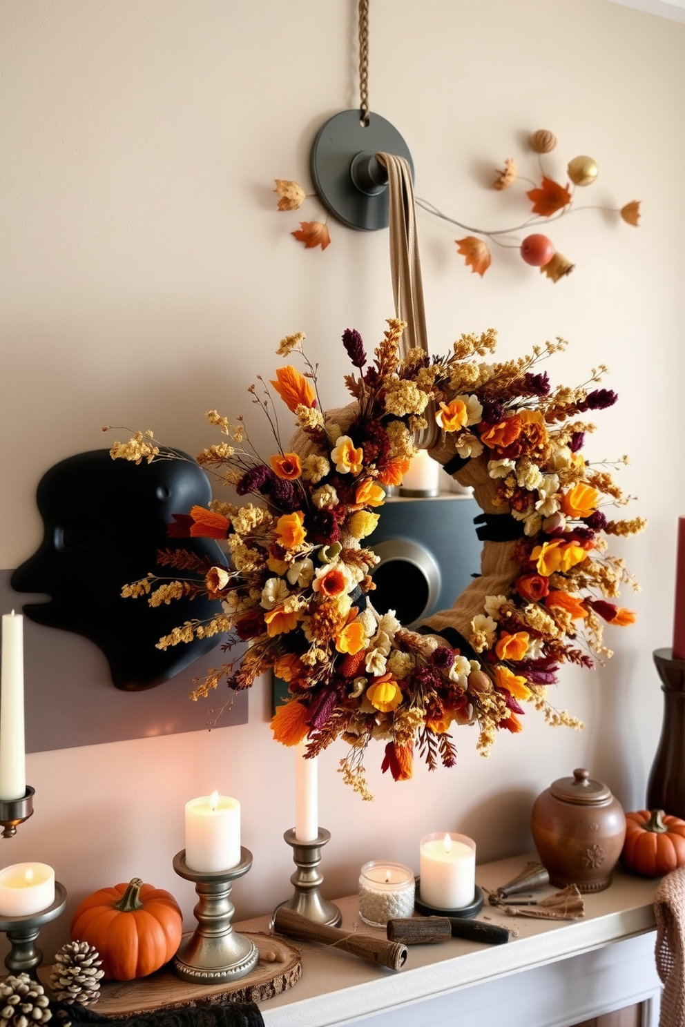 A cozy Thanksgiving mantel adorned with a hanging wreath made of dried flowers. The wreath features an array of warm autumn colors and is complemented by soft candlelight and rustic accents on the mantel.