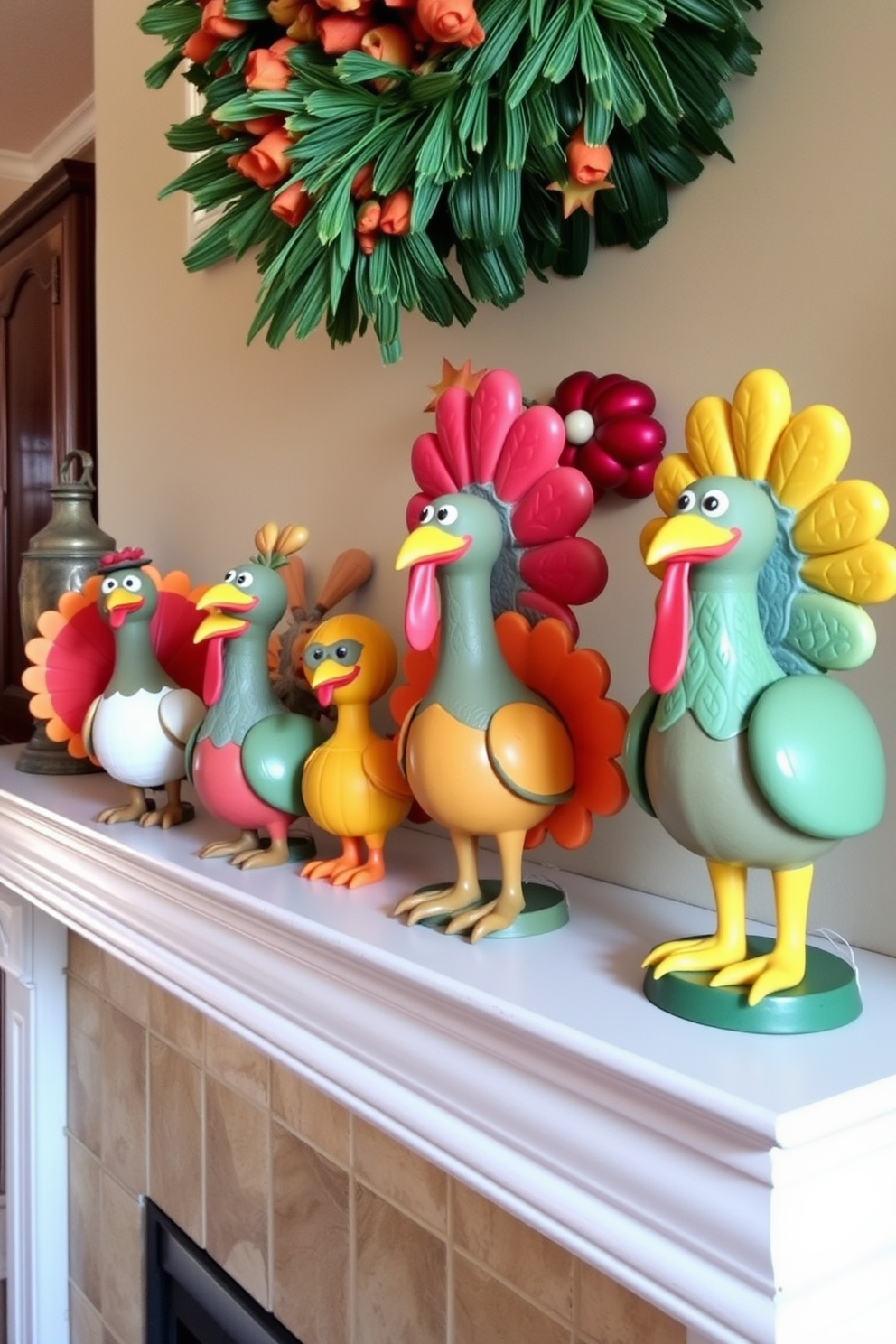 Whimsical turkey figurines are playfully arranged along the mantel, bringing a joyful spirit to the Thanksgiving decor. Each figurine features vibrant colors and unique designs, creating an inviting and festive atmosphere for family gatherings.