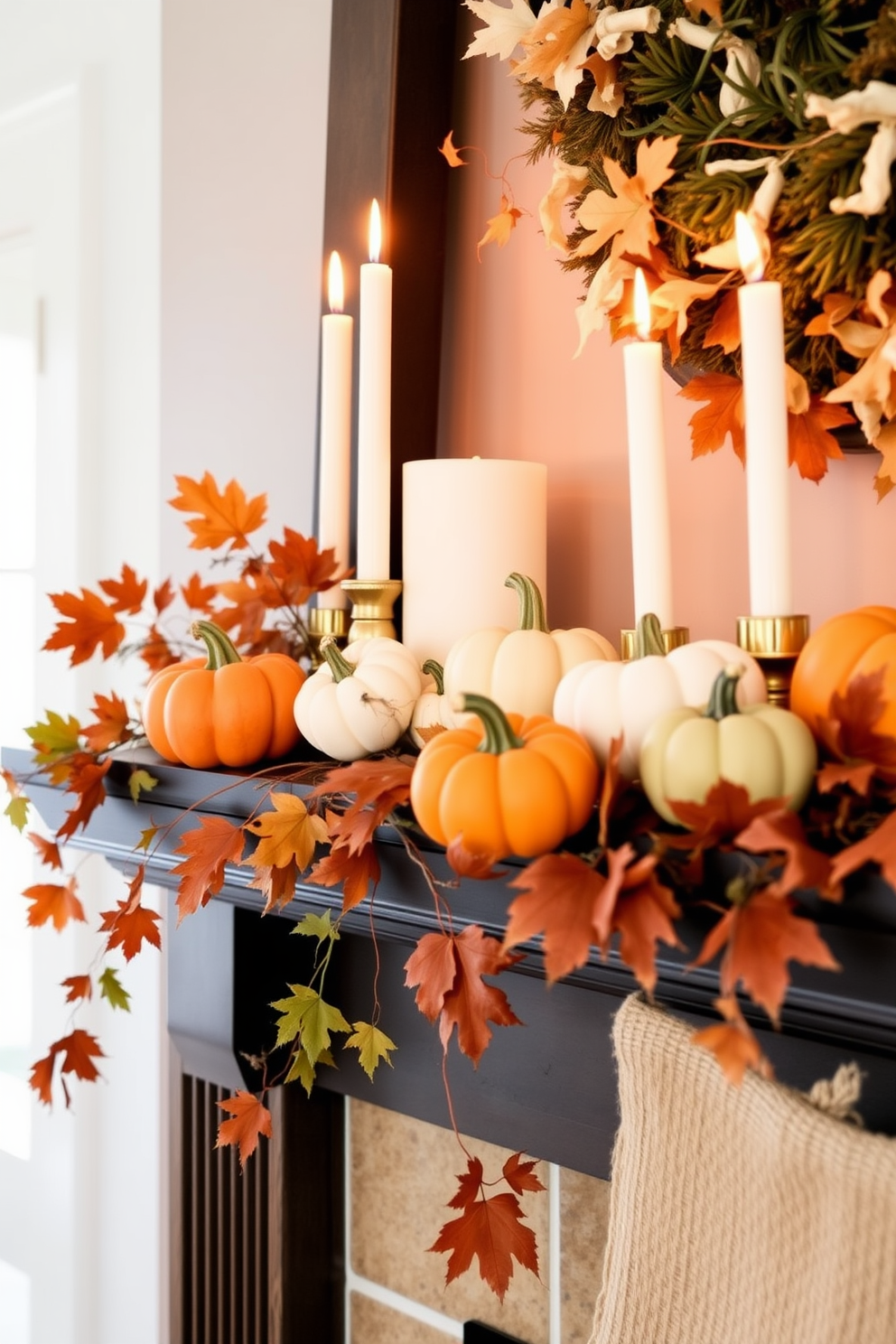 A cozy Thanksgiving mantel adorned with mini pumpkins in assorted colors. The warm hues of orange, white, and green pumpkins are arranged alongside flickering candles and autumn leaves, creating a festive and inviting atmosphere.