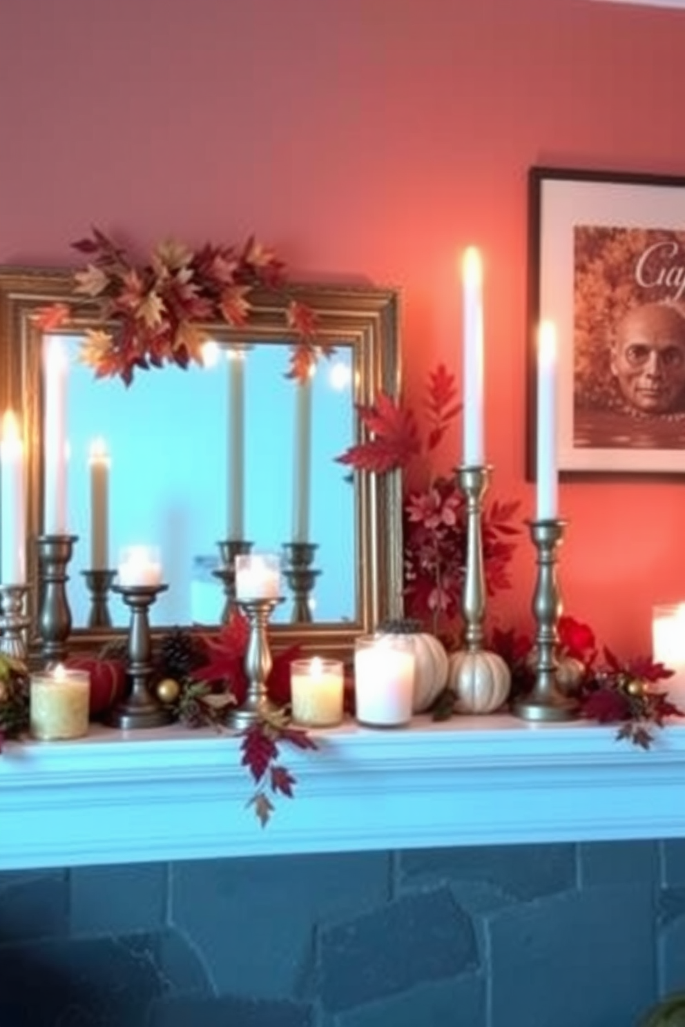 A cozy Thanksgiving mantel adorned with candlesticks of varying heights and sizes creates a warm and inviting atmosphere. The rich autumn colors of the surrounding decor complement the flickering candlelight, enhancing the festive spirit of the season.