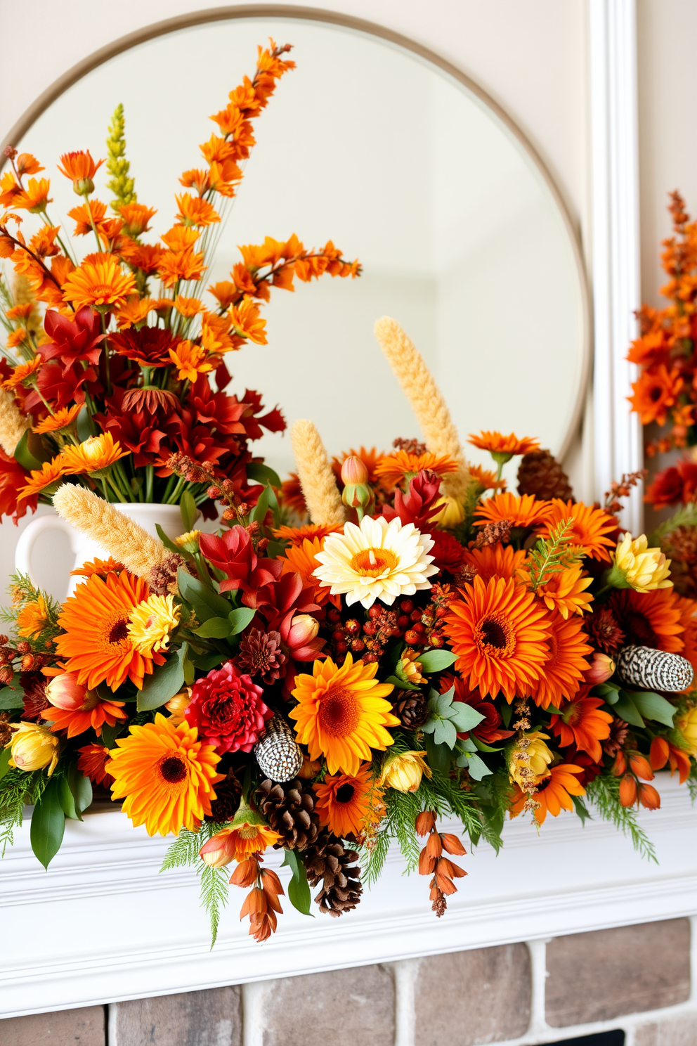 A cozy Thanksgiving mantel adorned with a neutral color palette featuring soft cream and warm taupe hues. Textured elements like knitted throws and natural wood accents create a warm and inviting atmosphere. Dried autumn leaves and white pumpkins are artfully arranged alongside flickering candles for a touch of seasonal charm. A garland of eucalyptus adds a fresh pop of greenery, completing the elegant look.