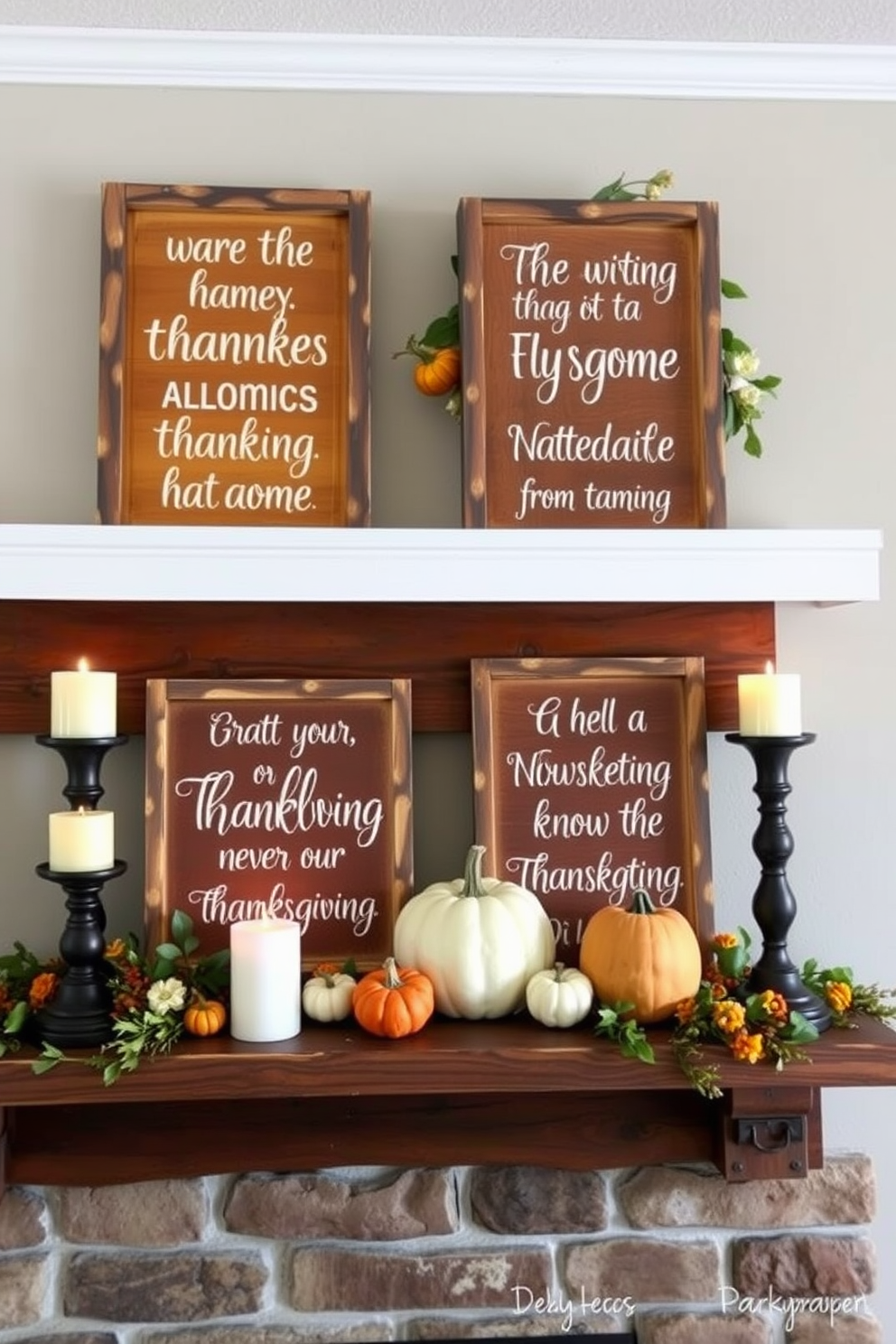 Wooden signs with Thanksgiving messages are beautifully arranged on a rustic mantel. The signs feature warm colors and charming fonts, creating a cozy autumn atmosphere. Thanksgiving mantel decorating ideas include a mix of seasonal foliage and candles. Incorporating pumpkins and gourds adds a festive touch, enhancing the overall warmth of the space.