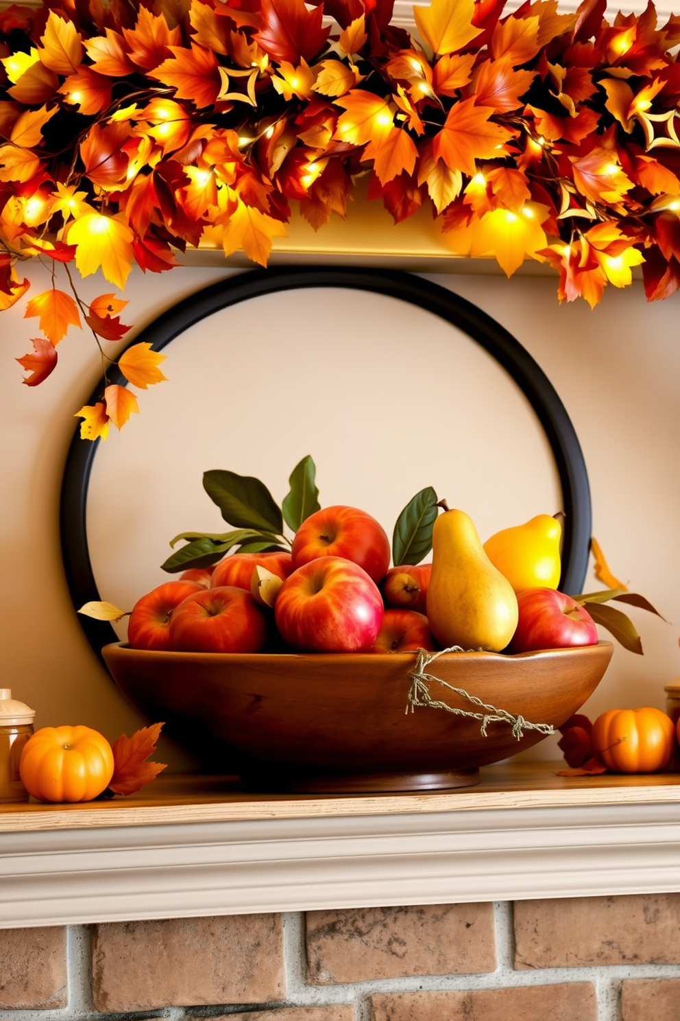 A beautifully arranged Thanksgiving mantel features a mix of fresh fruits like vibrant red apples and golden pears nestled in a rustic wooden bowl. Above the mantel, a garland of autumn leaves and twinkling fairy lights creates a warm and inviting atmosphere.