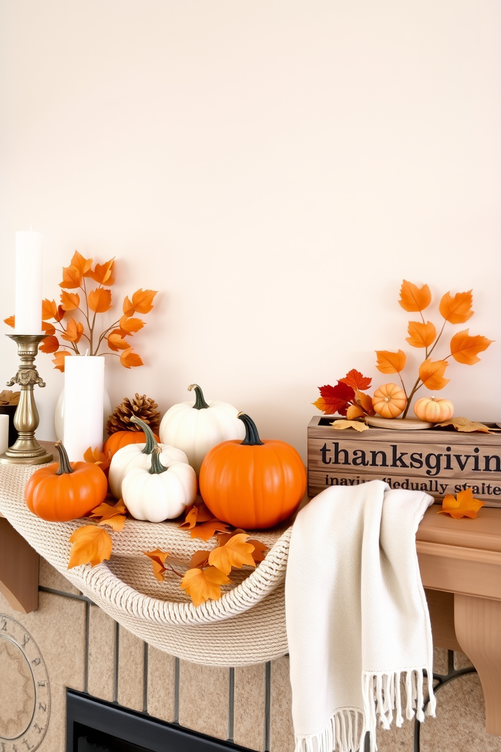 A cozy Thanksgiving mantel decorated with neutral tones featuring a soft beige backdrop. Bright pops of orange from pumpkins and autumn leaves create a warm and inviting atmosphere. The mantel is adorned with a mix of textured fabrics including a knitted throw and linen accents. Candles in varying heights add a touch of elegance, while a rustic wooden sign with a seasonal message completes the look.