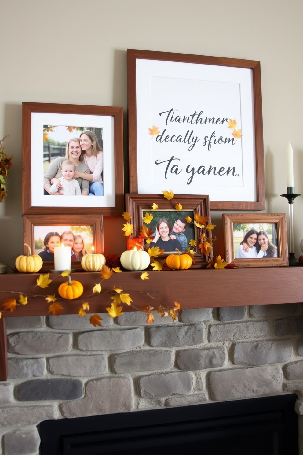 A warm and inviting mantel decorated for Thanksgiving features an array of family photos displayed in rustic autumn frames. Surrounding the photos are small pumpkins and gourds in rich oranges and deep reds, along with flickering candles that add a cozy glow to the setting.