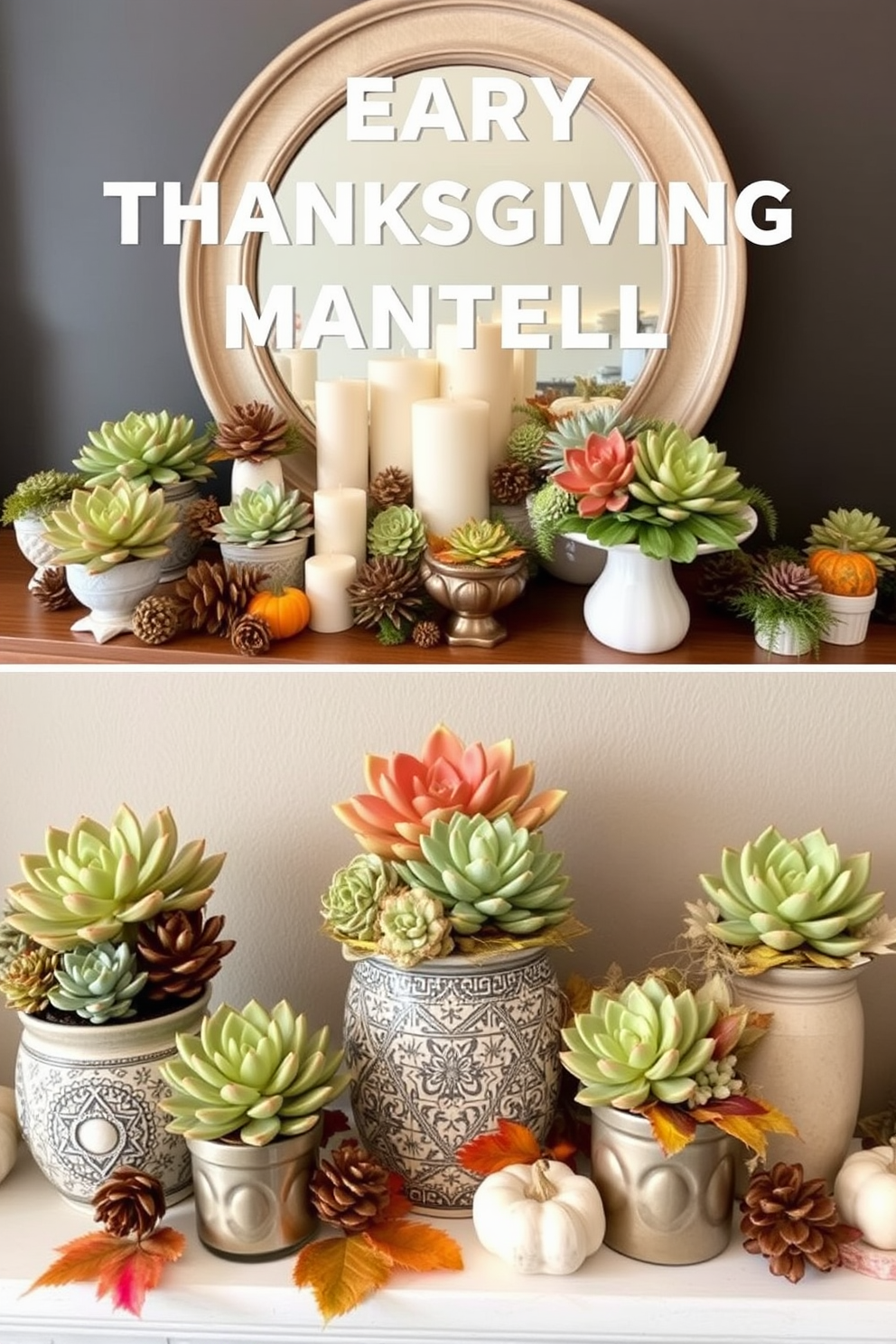 Create a stunning Thanksgiving mantel display featuring an array of succulent arrangements in various shapes and sizes. Incorporate natural elements like pinecones and candles to enhance the warm, festive atmosphere. Design an elegant and unique look for your Thanksgiving mantel by using colorful succulents arranged in decorative pots. Add seasonal accents such as autumn leaves and small pumpkins to create a cohesive holiday theme.