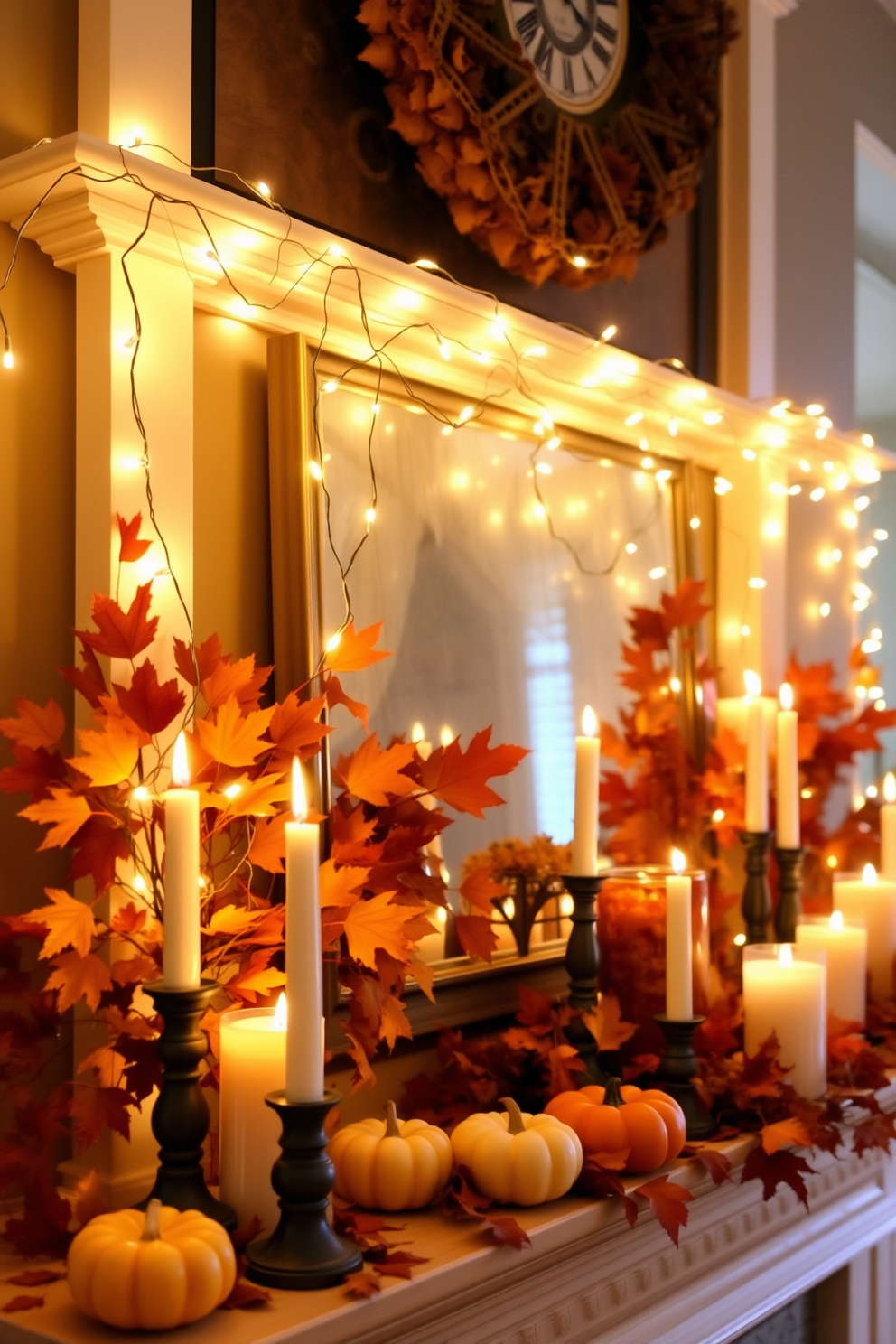 A beautifully styled Thanksgiving mantel features a mix of modern and rustic elements. The mantel is adorned with a collection of white pumpkins, varying in size, nestled among lush greenery and twinkling fairy lights. On one side, a sleek metallic candle holder stands tall, holding a flickering candle that casts a warm glow. To the other side, a handcrafted wooden sign with a heartfelt Thanksgiving message adds a charming touch, completing the inviting seasonal display.