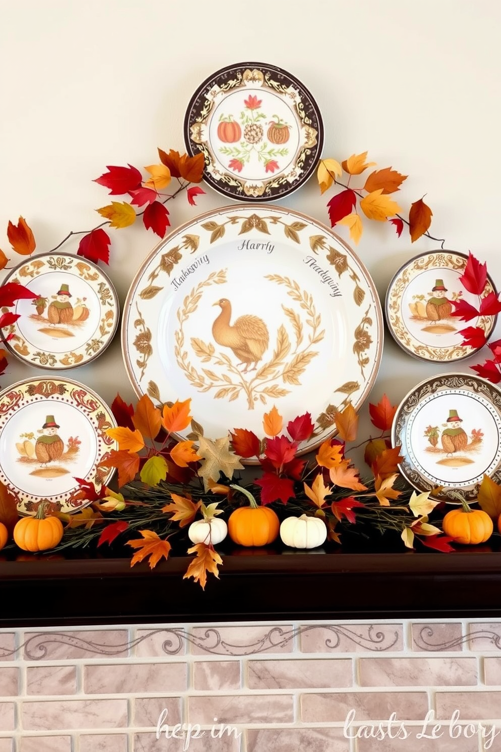 A cozy Thanksgiving mantel adorned with decorative plates featuring seasonal patterns. The plates are arranged in an artistic display, complemented by autumn leaves and small pumpkins for a festive touch.