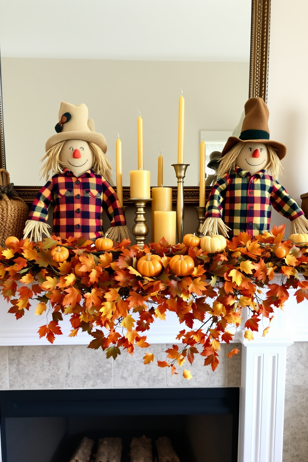 Create a cozy Thanksgiving mantel adorned with twinkling string lights that cast a warm glow. Incorporate seasonal decorations like pumpkins, pinecones, and autumn leaves to enhance the festive atmosphere.