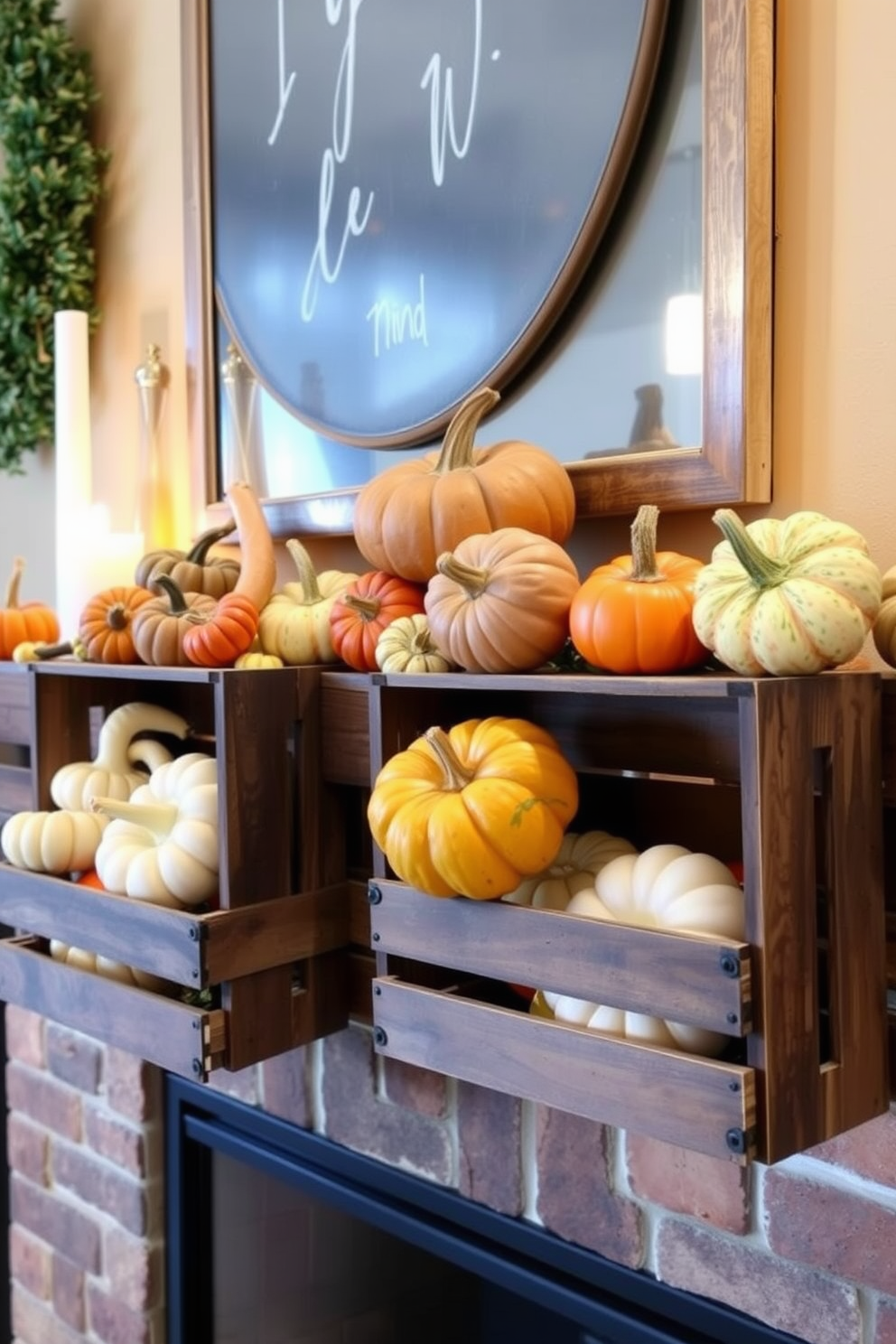 A charming Thanksgiving mantel adorned with vintage books stacked neatly alongside seasonal decor. The warm hues of autumn leaves and small pumpkins complement the rustic charm of the books, creating a cozy and inviting atmosphere.