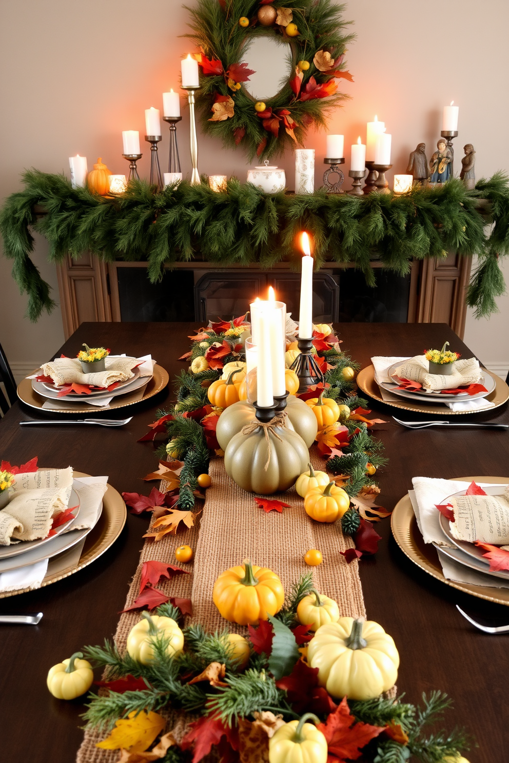 A cozy Thanksgiving mantel adorned with personalized name banners made of natural burlap. The mantel features autumnal garlands with vibrant leaves and small pumpkins, creating a warm and inviting atmosphere.