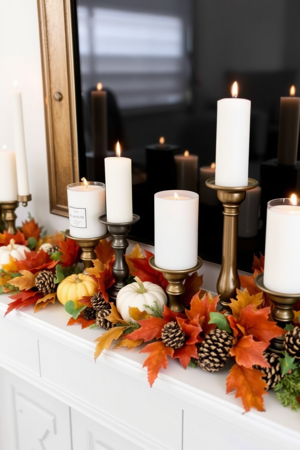 A festive mantel decorated for Thanksgiving features an array of colorful candles in varied heights. The candles are arranged on a rustic wooden surface, surrounded by autumn leaves and small pumpkins for a warm seasonal touch.