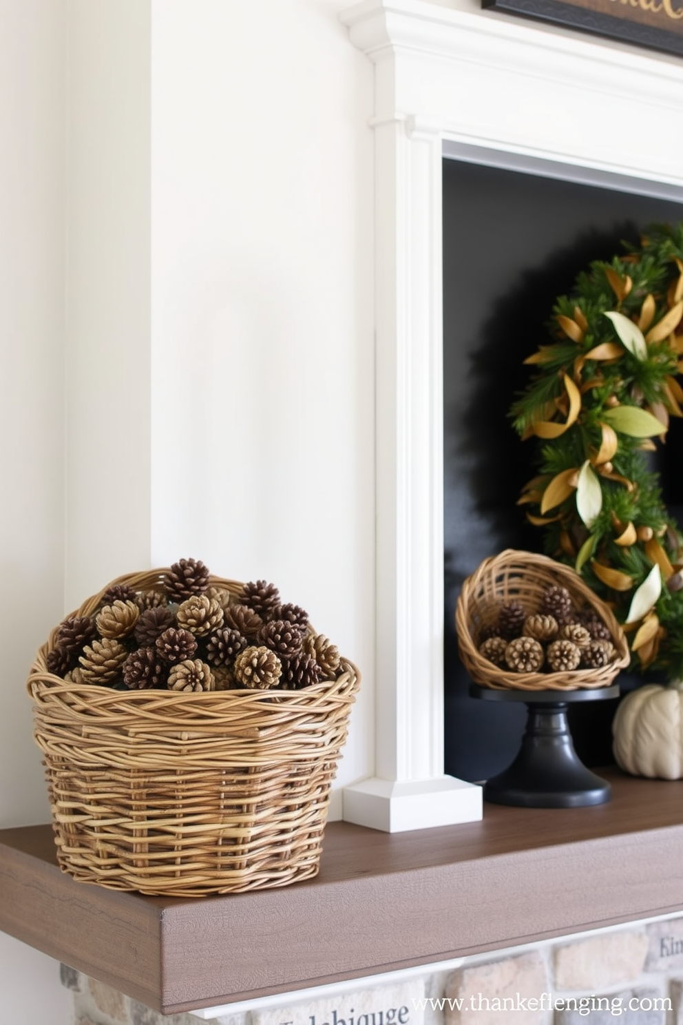 A cozy Thanksgiving mantel decorated with woven baskets filled with pinecones. The baskets are arranged in a staggered formation, complemented by warm candlelight and autumn leaves scattered around.