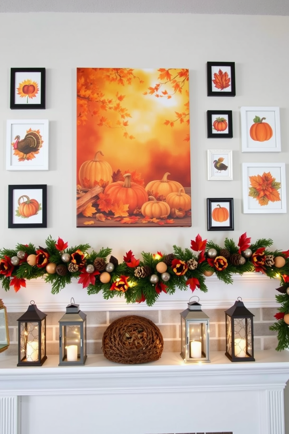 A Thanksgiving-themed wall art display featuring a large canvas with a warm autumn scene. Surrounding the canvas are smaller framed prints of pumpkins, leaves, and turkeys in rich fall colors. Thanksgiving mantel decorating ideas include a garland made of pinecones and autumn leaves draped across the mantel. On either side, there are decorative lanterns filled with fairy lights to create a cozy ambiance.