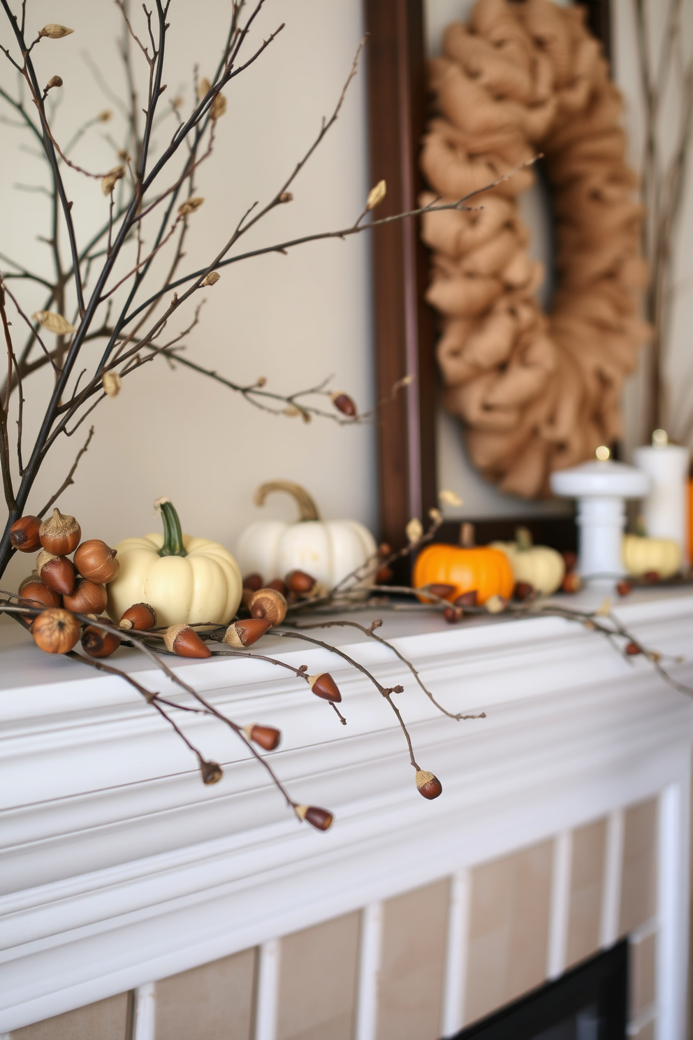 A cozy Thanksgiving mantel adorned with seasonal artwork and prints. The mantel features a collection of framed autumn-themed illustrations alongside small pumpkins and gourds for added charm. Rich, warm colors dominate the artwork, showcasing fall leaves and harvest scenes. A garland of dried foliage weaves through the decorations, enhancing the festive atmosphere.