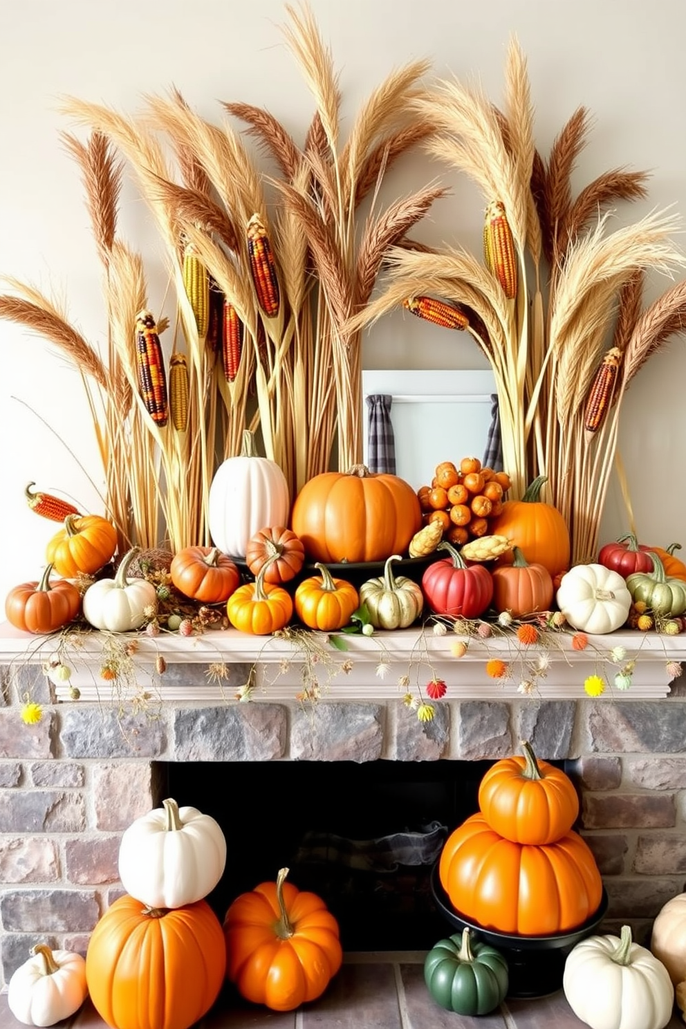 A vibrant Thanksgiving mantel display featuring colorful corn and dried wheat stalks. The mantel is adorned with an array of decorative pumpkins in various sizes and hues, creating a festive atmosphere.