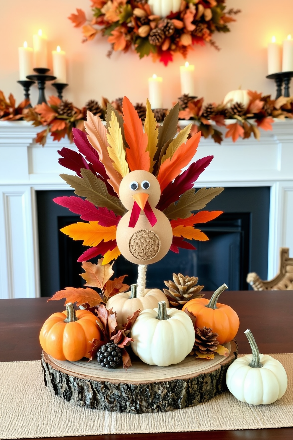 A charming DIY turkey centerpiece crafted from natural materials. The turkey is adorned with colorful feathers and sits atop a rustic wooden base, surrounded by small pumpkins and autumn leaves. A festive Thanksgiving mantel decorated with warm hues and seasonal accents. The mantel features a garland of pinecones and dried leaves, with candles of varying heights adding a cozy glow.