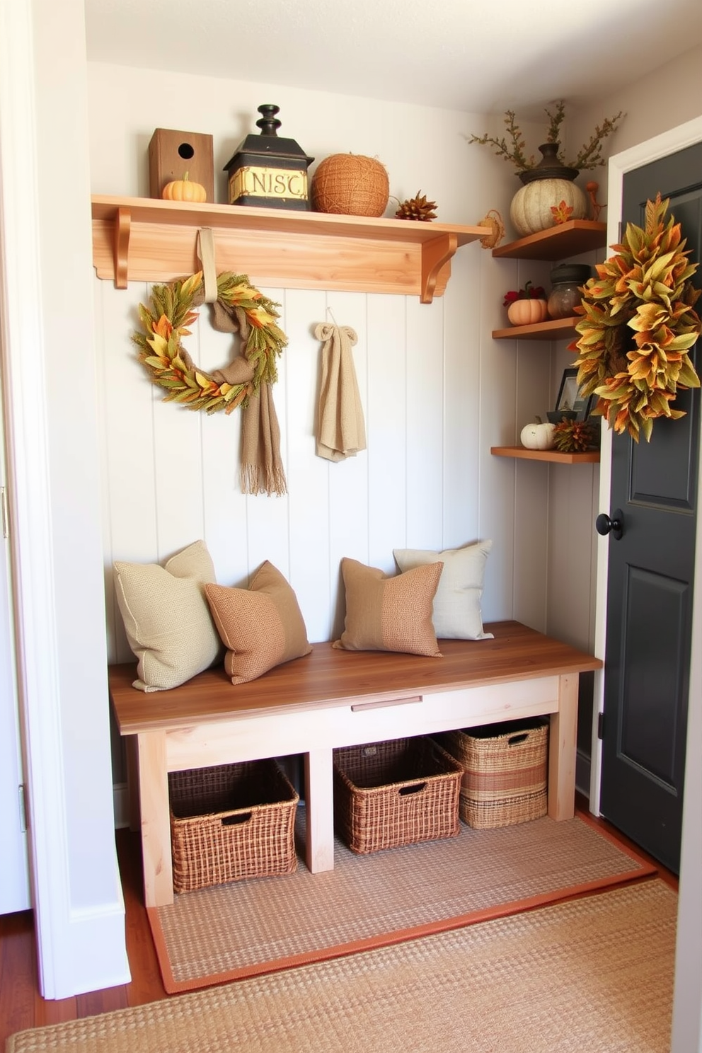 A cozy mudroom designed for Thanksgiving festivities. The space features burlap accents, including a rustic bench with burlap cushions and a burlap-wrapped wreath hanging on the door. Natural wood shelves are adorned with seasonal decorations, showcasing pumpkins and autumn leaves. The floor is covered with a warm, woven rug that complements the rustic theme.