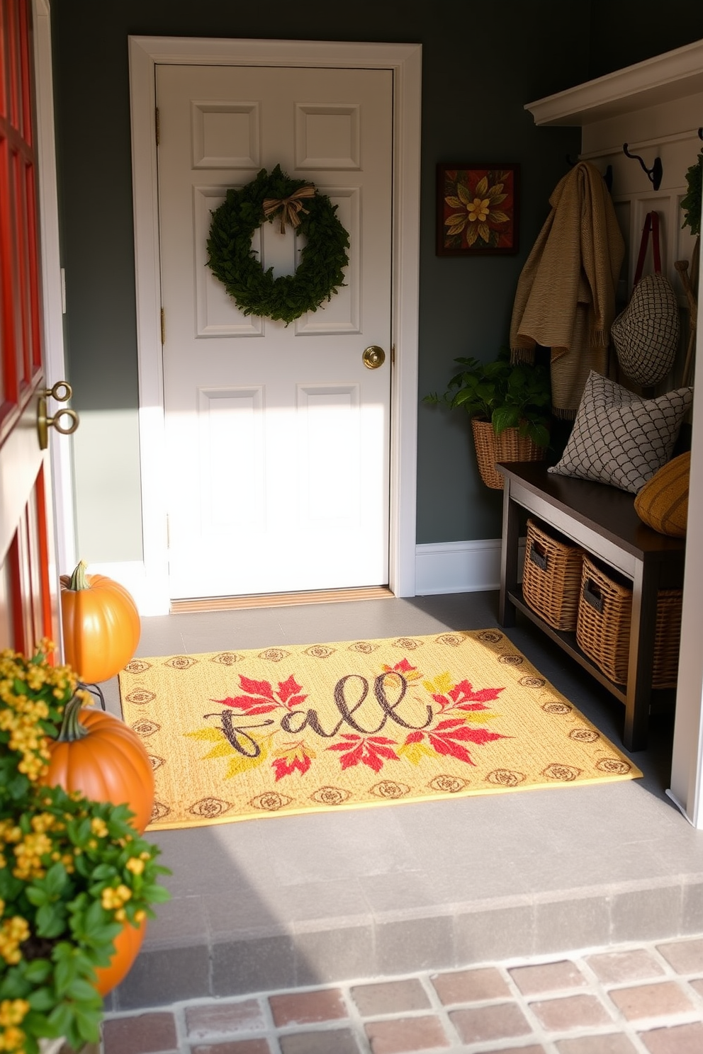 A cozy entryway featuring a fall-themed doormat adorned with vibrant autumn leaves and pumpkins. The surrounding mudroom is decorated with warm-toned accents, including a rustic bench and woven baskets for storage.