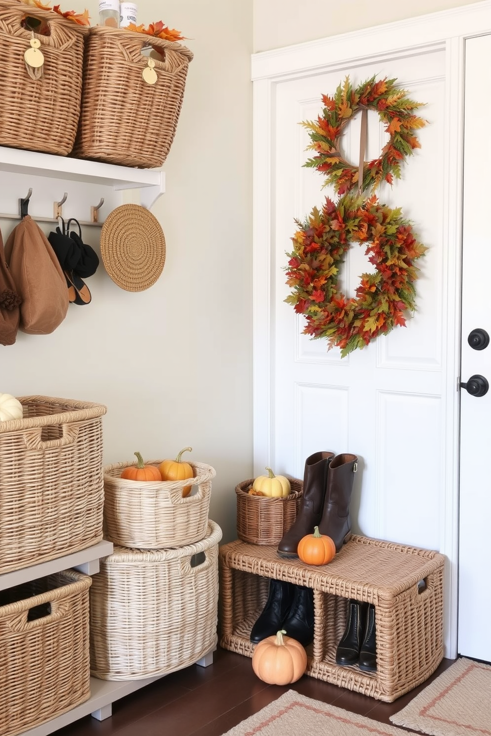 Decorative baskets are creatively arranged in a cozy mudroom, providing organized storage for shoes and seasonal items. The baskets are woven with natural fibers and come in varying sizes, adding texture and warmth to the space. Thanksgiving-themed decorations adorn the mudroom, featuring autumn leaves, small pumpkins, and a festive wreath on the door. Soft, inviting colors and seasonal accents create a welcoming atmosphere for family and guests.