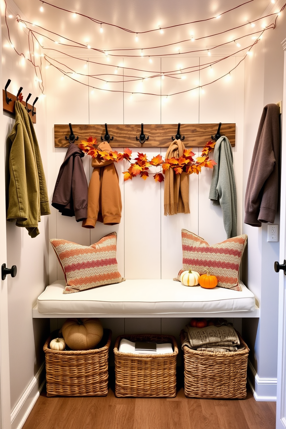 A cozy mudroom adorned for Thanksgiving features string lights draped across the ceiling, casting a warm glow throughout the space. The walls are lined with rustic wooden hooks holding seasonal jackets, while a bench with plush cushions invites guests to sit and remove their shoes. Beneath the bench, woven baskets filled with cozy blankets and autumn-themed decor add both function and charm. A festive garland of colorful leaves and mini pumpkins stretches along the top of the bench, enhancing the inviting atmosphere.