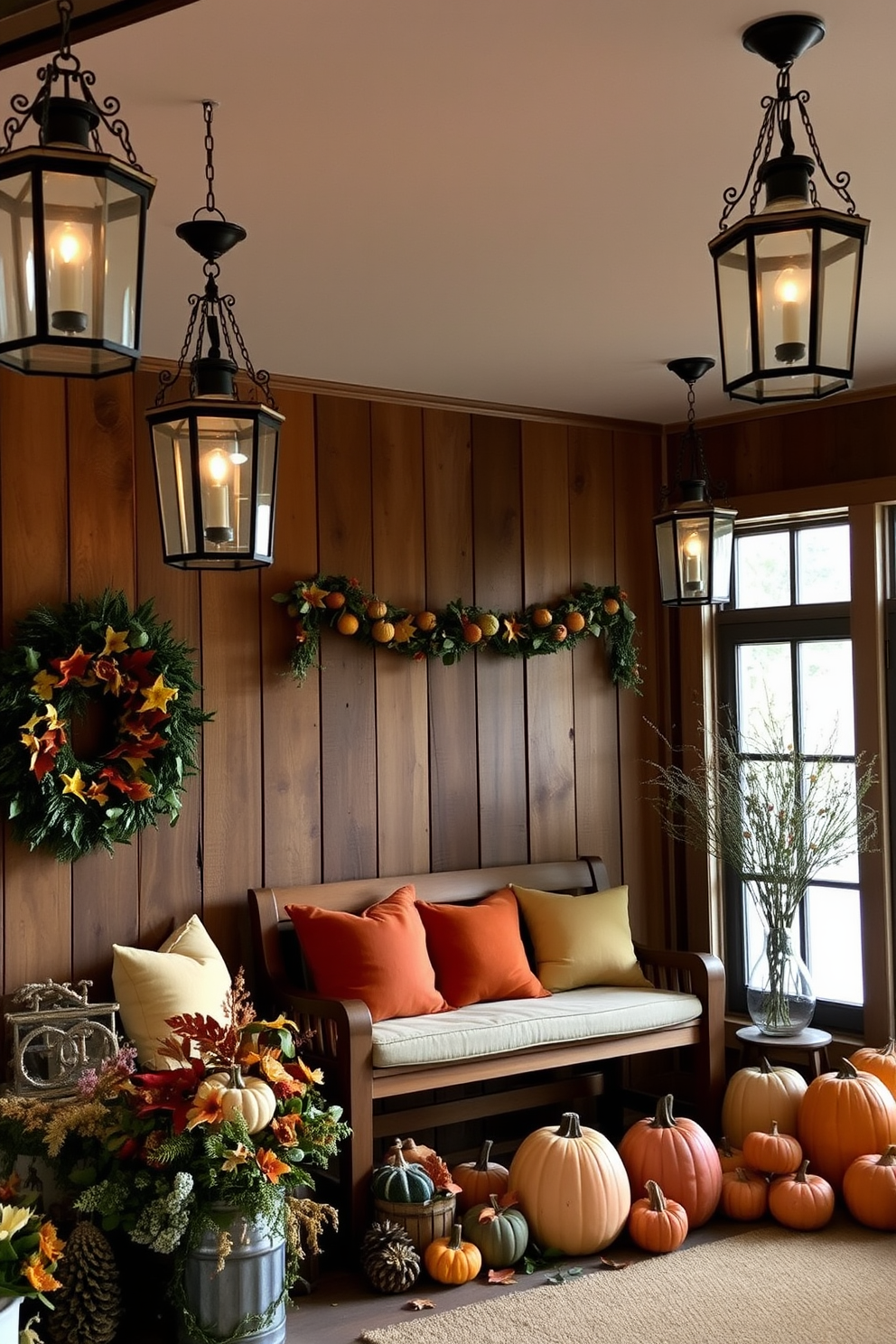 Vintage lanterns hang from the ceiling, casting a warm glow over the space. The walls are adorned with rustic wood paneling, creating a cozy atmosphere. A large wooden bench is placed against one wall, topped with plush cushions in autumn hues. Seasonal decorations, including pumpkins and garlands, are artfully arranged around the entrance, welcoming guests with a festive touch.