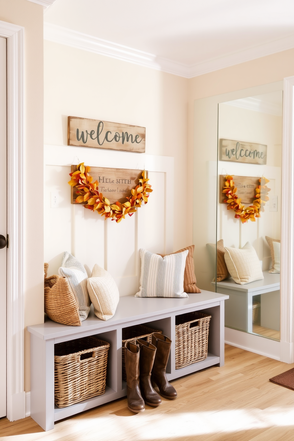 A cozy mudroom adorned in a neutral color palette creates a serene and inviting atmosphere. The walls are painted in soft beige, complemented by a light gray bench with plush cushions and woven baskets for storage. Decorative elements include a simple garland of autumn leaves draped above the bench and a rustic wooden sign that reads 