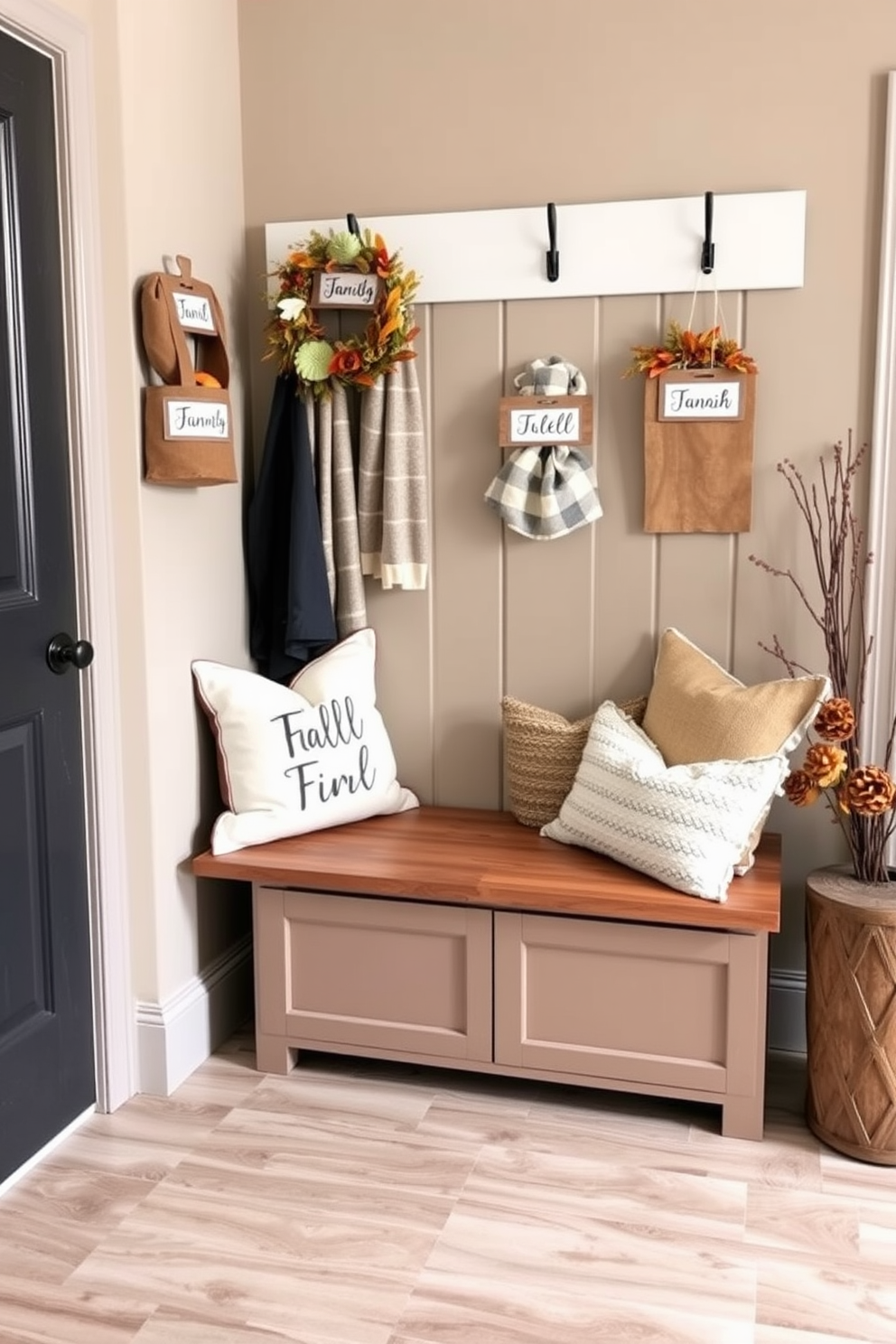 A cozy mudroom adorned for Thanksgiving features string lights draped across the ceiling, casting a warm and inviting glow. The space includes a rustic wooden bench with plush cushions, surrounded by seasonal decorations like pumpkins and autumn leaves.