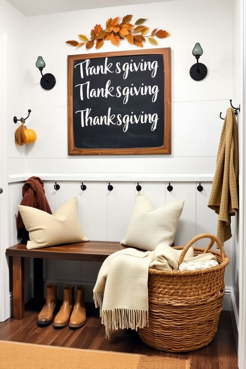 A welcoming mudroom designed for Thanksgiving festivities. The space features a large chalkboard mounted on the wall, surrounded by seasonal decorations like pumpkins and autumn leaves. Cozy hooks line the walls for hanging jackets and scarves, while a bench with plush cushions invites family members to sit and remove their shoes. A woven basket filled with blankets sits in the corner, adding warmth to the inviting atmosphere.