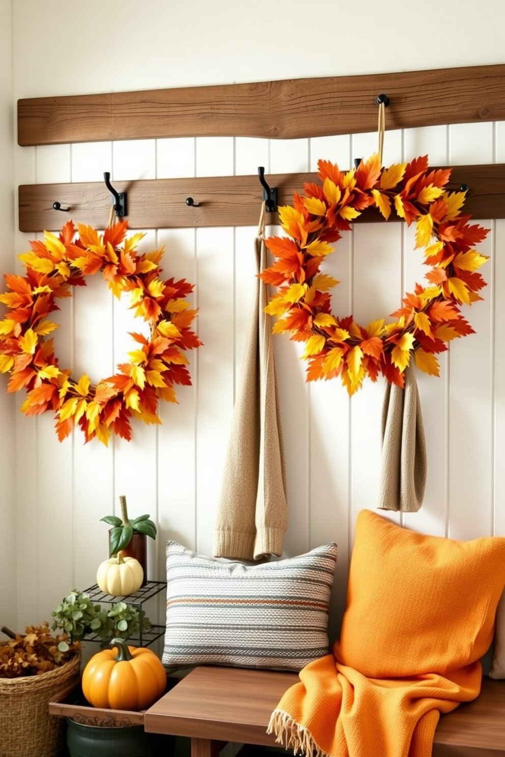 Autumn wreaths made of vibrant orange and yellow leaves hang gracefully on rustic wooden hooks in a cozy mudroom. The space is adorned with touches of seasonal decor, including small pumpkins and warm-toned throw blankets draped over a bench.