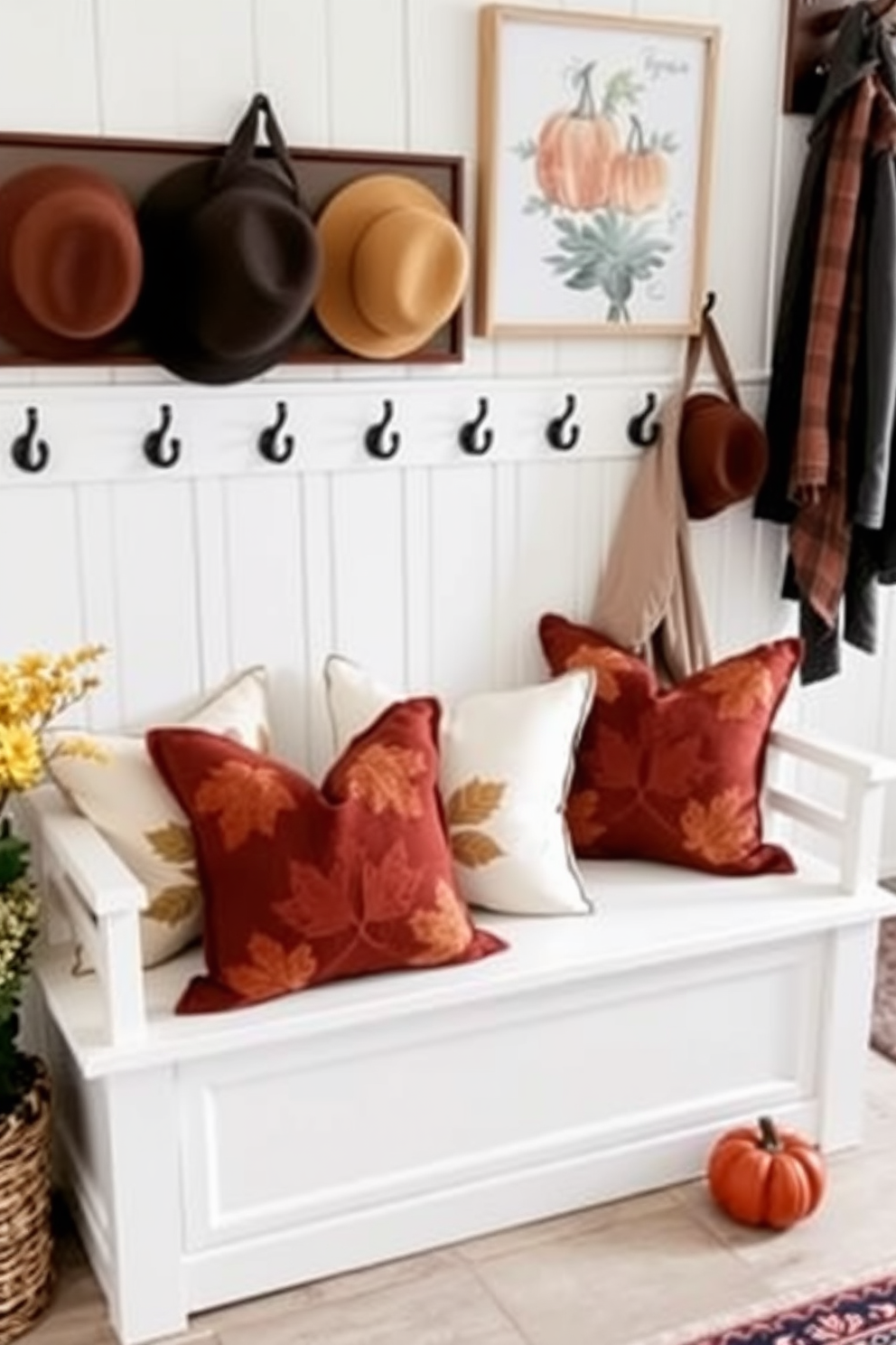 Create a cozy mudroom setting adorned with seasonal throw pillows that evoke the warmth of Thanksgiving. The pillows should feature rich autumn colors and patterns like leaves or pumpkins, arranged on a comfortable bench underneath a row of hooks for coats and hats.