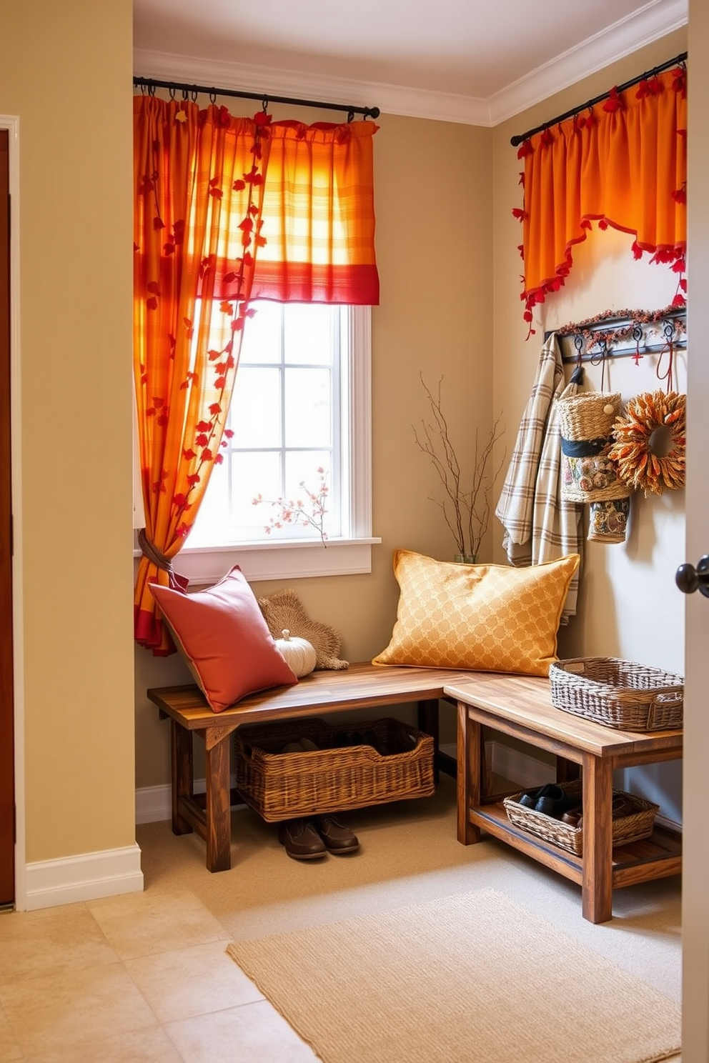 A cozy mudroom adorned with autumn colored curtains that bring warmth and vibrancy to the space. The walls are painted in soft beige, and a rustic wooden bench is positioned against the wall, complemented by a collection of seasonal decorations and a woven basket for storing shoes.