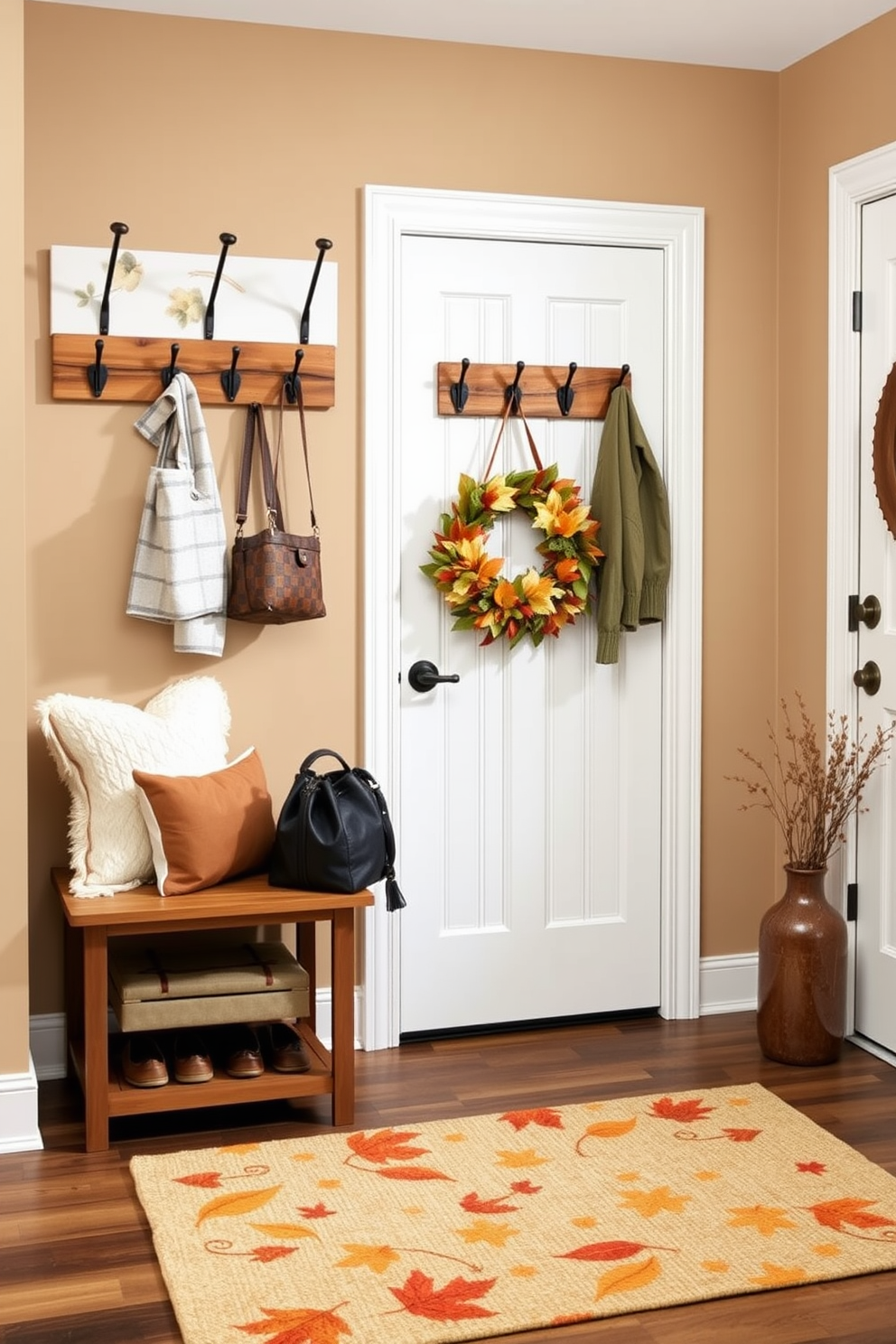 A welcoming mudroom features stylish hooks for coats and bags, designed in a modern farmhouse style. The walls are painted in a warm beige tone, with rustic wood accents that add charm and functionality. Decorative elements include a cozy bench with plush cushions and a seasonal Thanksgiving wreath hanging on the door. A soft area rug in autumn colors ties the space together, creating an inviting atmosphere for guests.