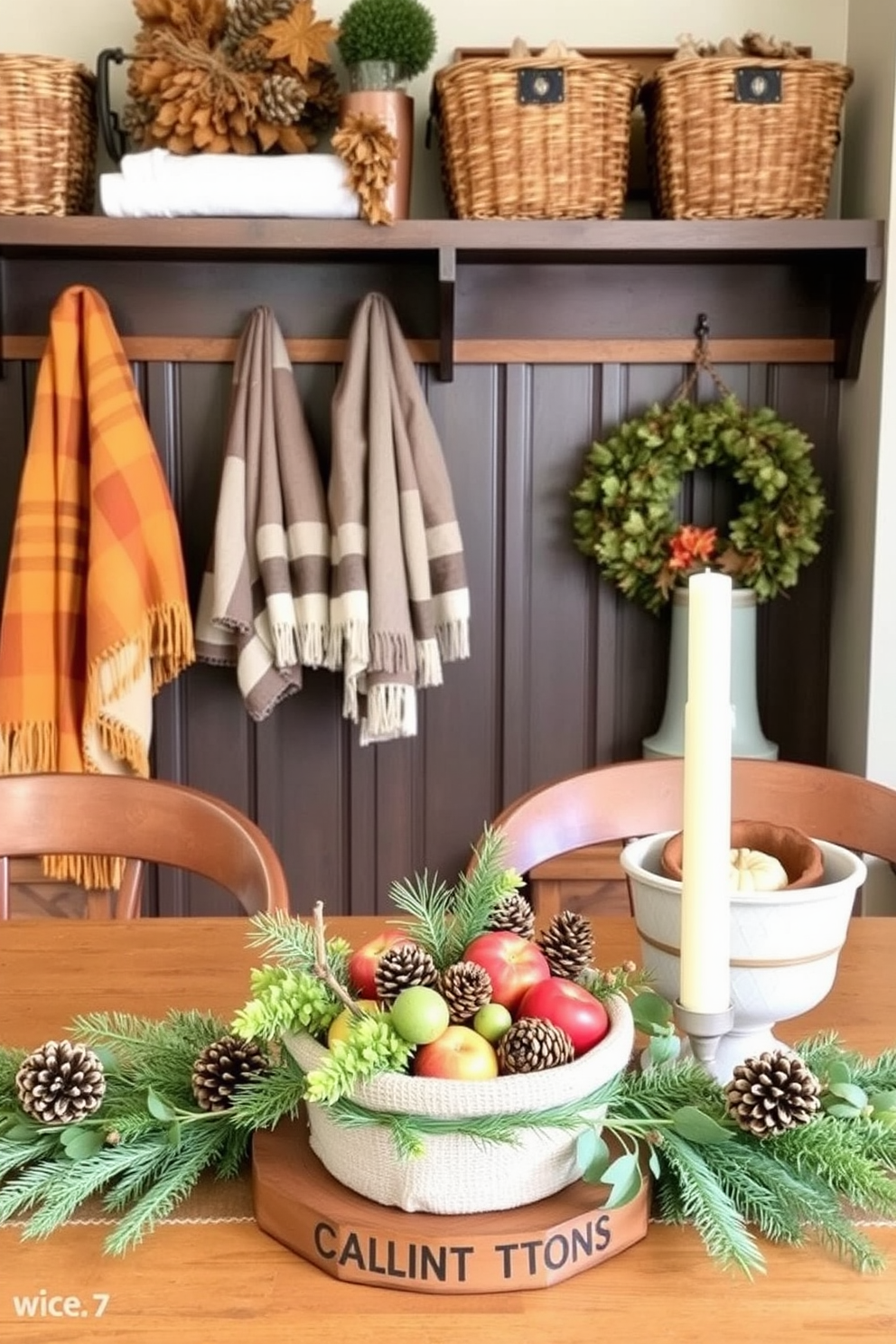 Create a cozy mudroom space that features neutral tones as the primary color palette. Incorporate pops of orange through decorative elements like throw pillows, artwork, and seasonal decorations to celebrate Thanksgiving. Design built-in storage solutions with a combination of wooden benches and hooks for coats and bags. Add a warm area rug to enhance comfort and invite guests into the home during the holiday season.