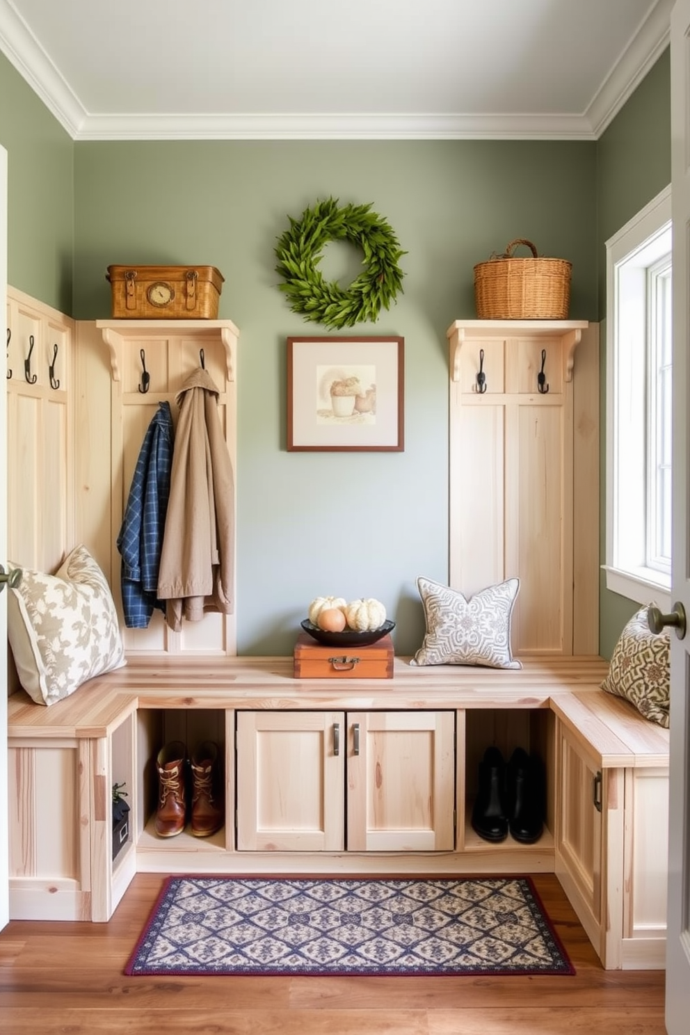 Functional benches with storage options create an inviting and organized space in a Thanksgiving mudroom. The benches are crafted from reclaimed wood, featuring built-in cubbies and hooks for coats, while decorative cushions add comfort and warmth.