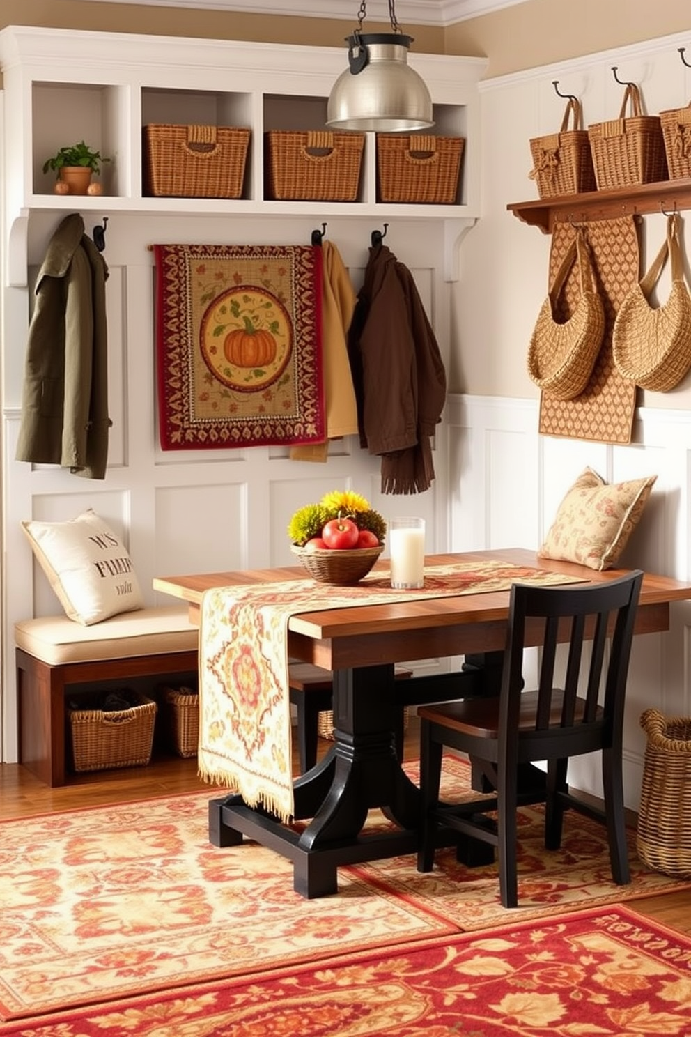 A collection of seasonal table runners featuring rich autumn colors and intricate patterns to enhance the Thanksgiving dining experience. Each runner is adorned with seasonal motifs such as pumpkins, leaves, and acorns, creating a warm and inviting atmosphere. A cozy mudroom designed for functionality and style, featuring built-in storage solutions and a bench for seating. The decor includes hooks for coats, baskets for shoes, and a vibrant rug that adds a pop of color while keeping the space organized.