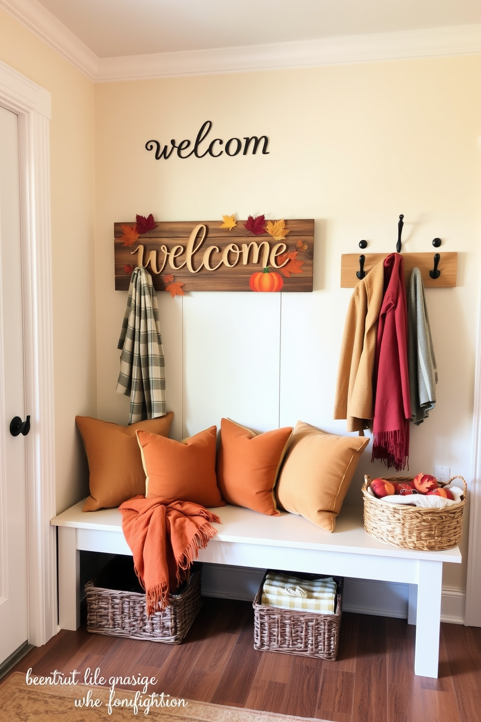 A welcoming mudroom adorned with autumn motifs. The space features a rustic wooden welcome sign embellished with vibrant leaves and pumpkins, creating a warm and inviting atmosphere for guests. The walls are painted in a soft cream color, complemented by a cozy bench with plush cushions in warm earth tones. Decorative hooks hang above the bench, displaying scarves and jackets, while a woven basket holds seasonal blankets for added comfort.