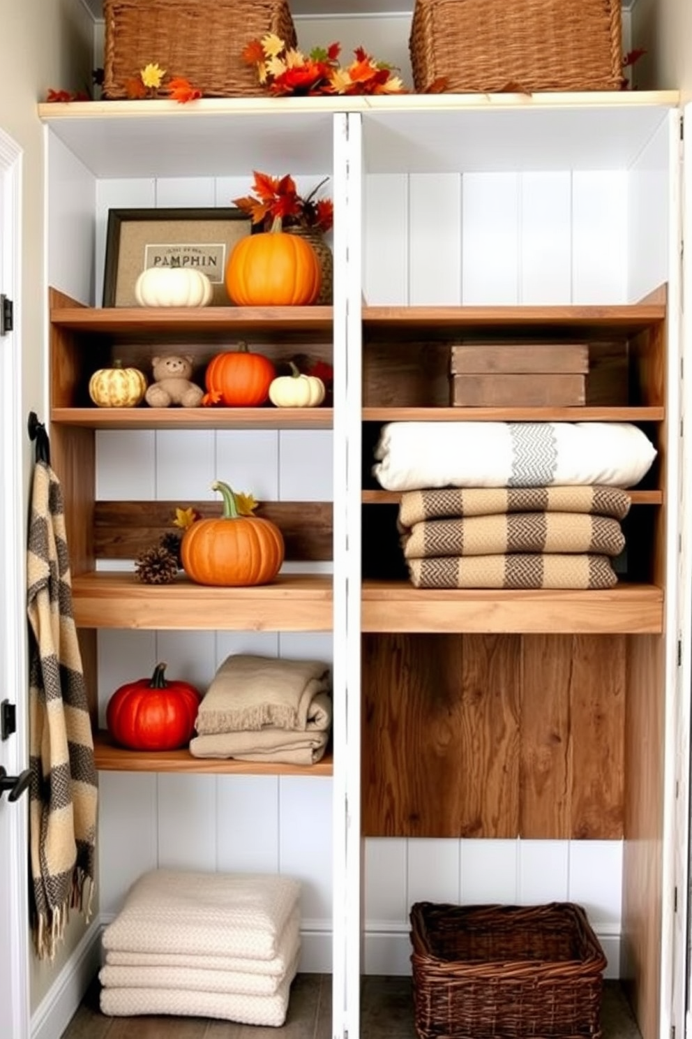 A cozy mudroom adorned with seasonal wreaths on the interior doors welcomes guests with a festive touch. Each wreath is crafted from autumn leaves and pinecones, perfectly capturing the spirit of Thanksgiving.